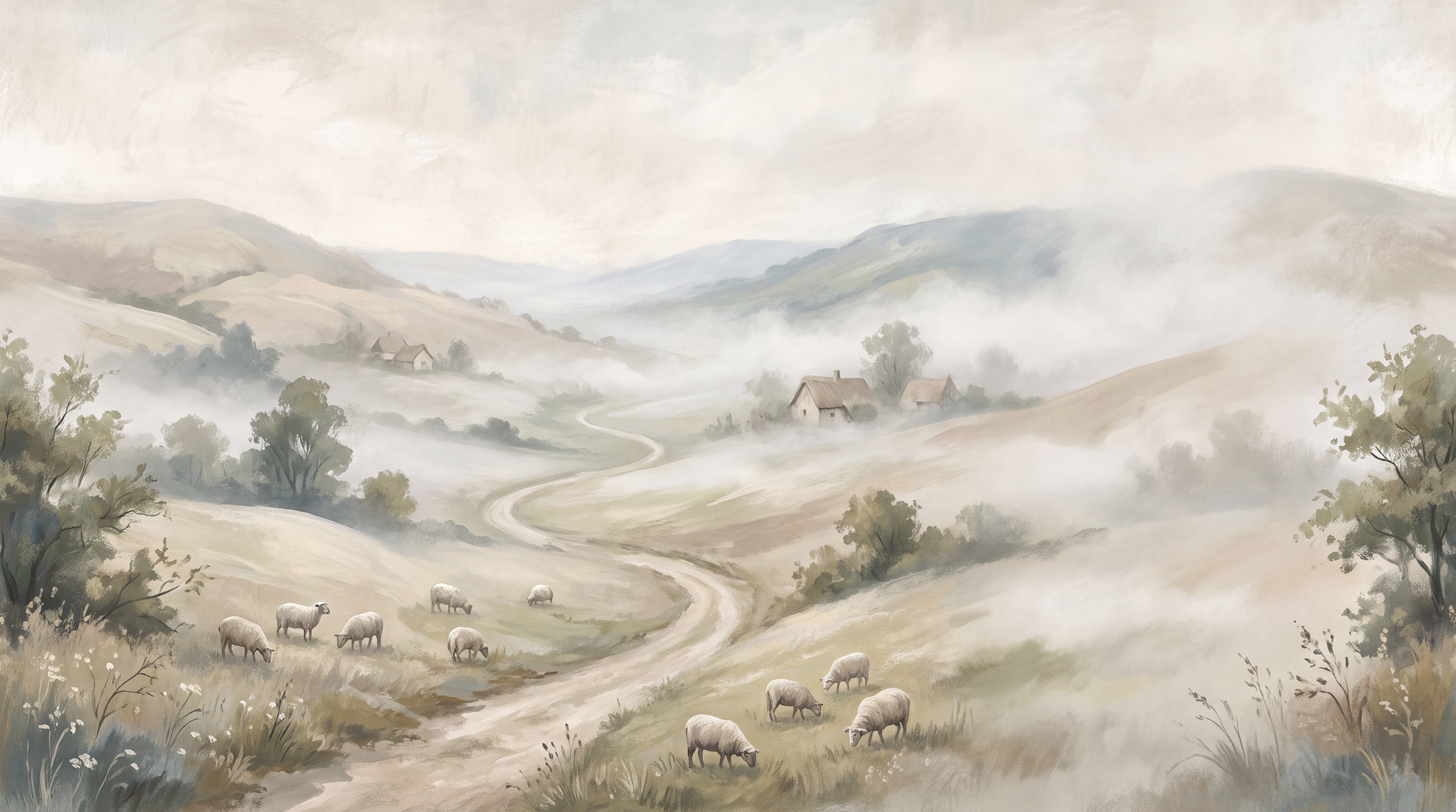 Ivory And Neutral A Painterly Scenic View Illustrated Wallpaper, Peel-and-stick Finish