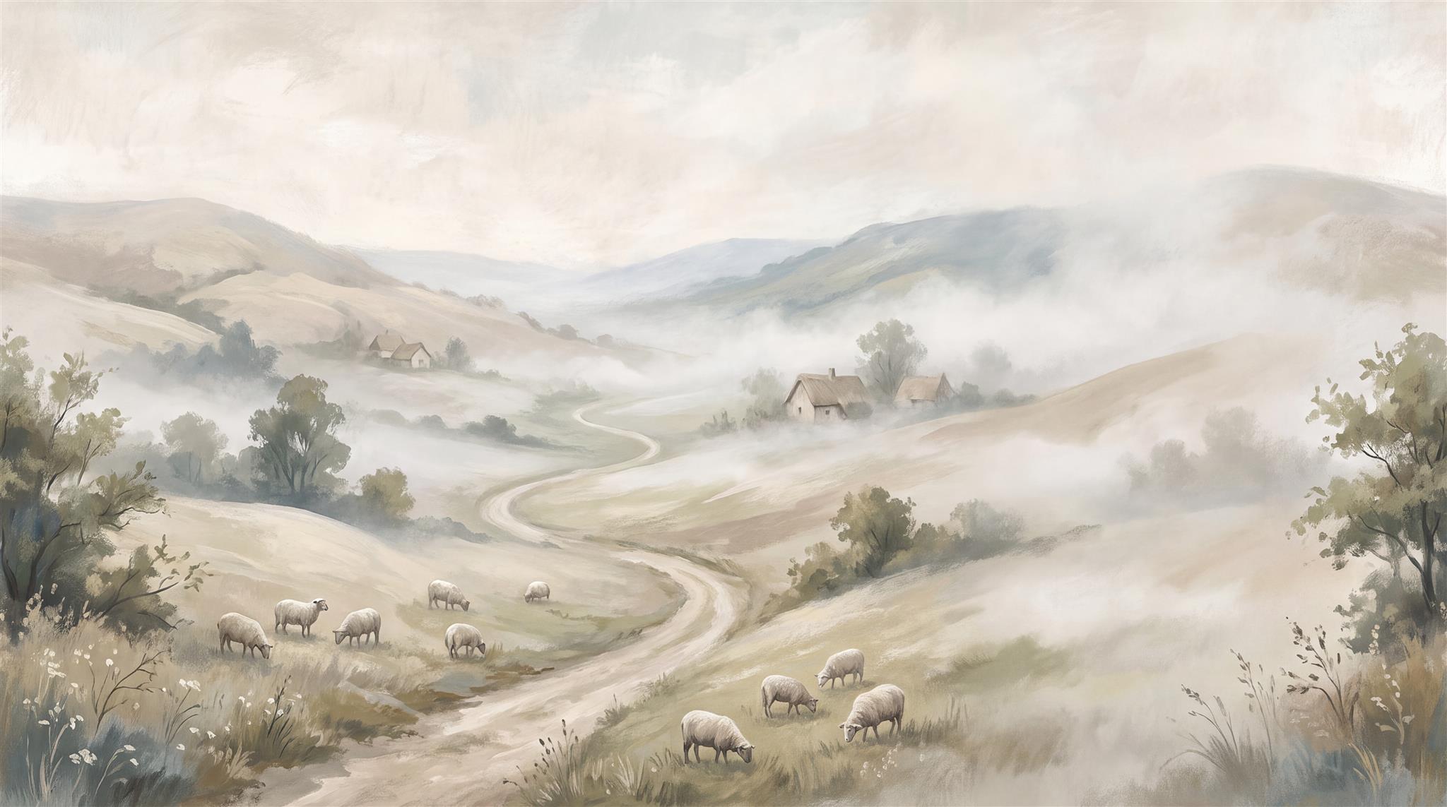 Ivory And Neutral A Painterly Scenic View Illustrated Wallpaper Accent-wall-wallpaper-murals, Peel-and-stick Finish