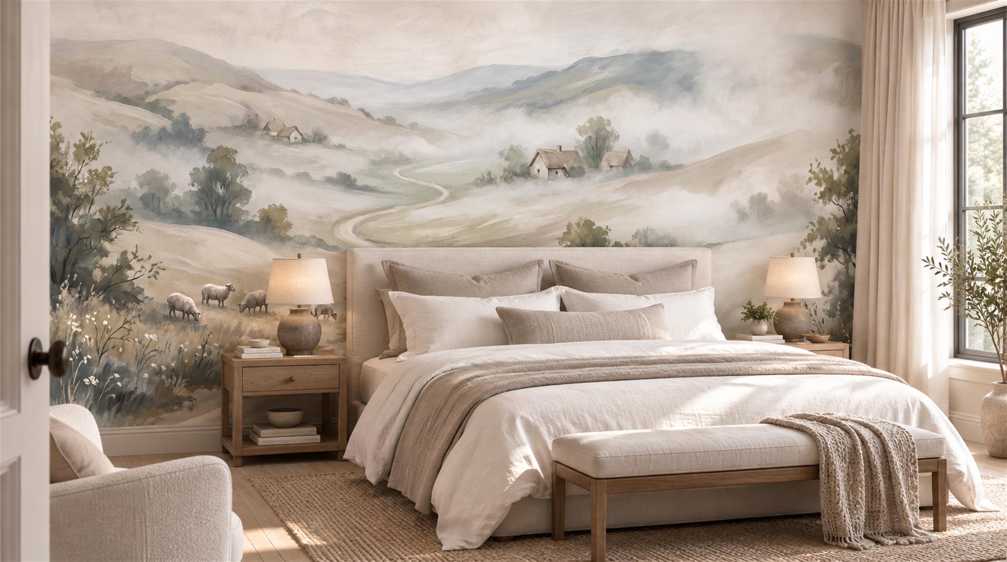 Ivory And Neutral A Painterly Scenic View Illustrated Wallpaper Bedroom-wallpaper-murals, Peel-and-stick Finish