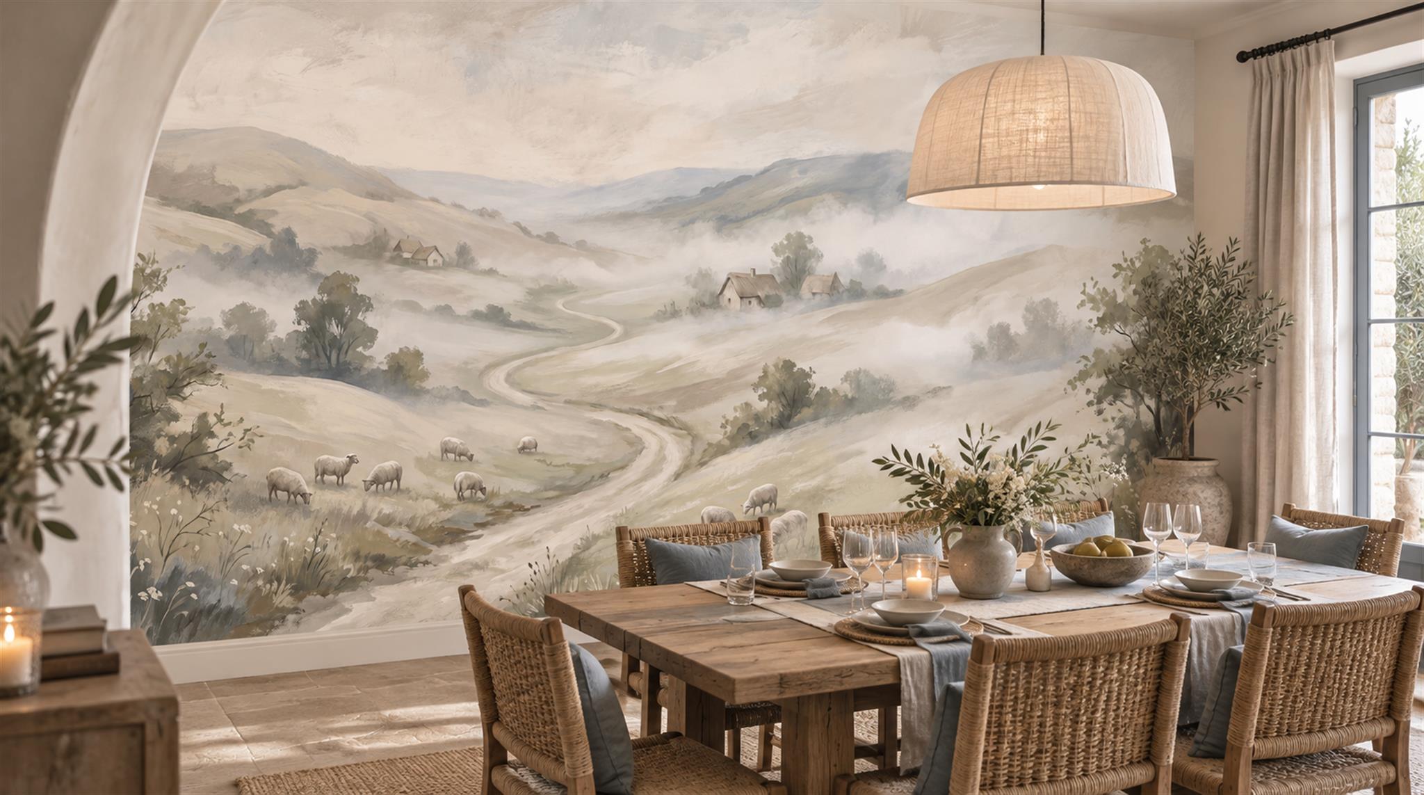 Ivory And Neutral A Painterly Scenic View Illustrated Wallpaper Accent-wall-wallpaper-murals, Peel-and-stick Finish