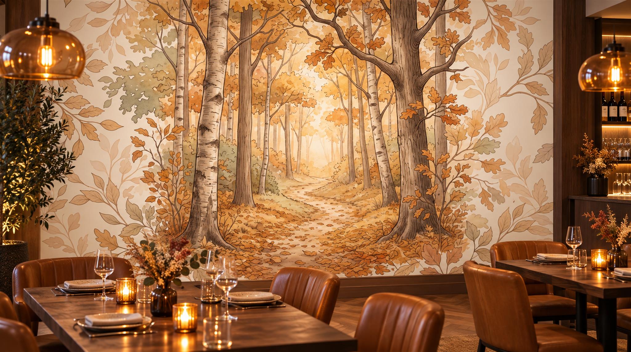Gold And Neutral Woodland Trees Decorative Wallpaper Mural Dining-room-wallpaper-murals, Shown In A Dining Room, Peel-and-stick Finish