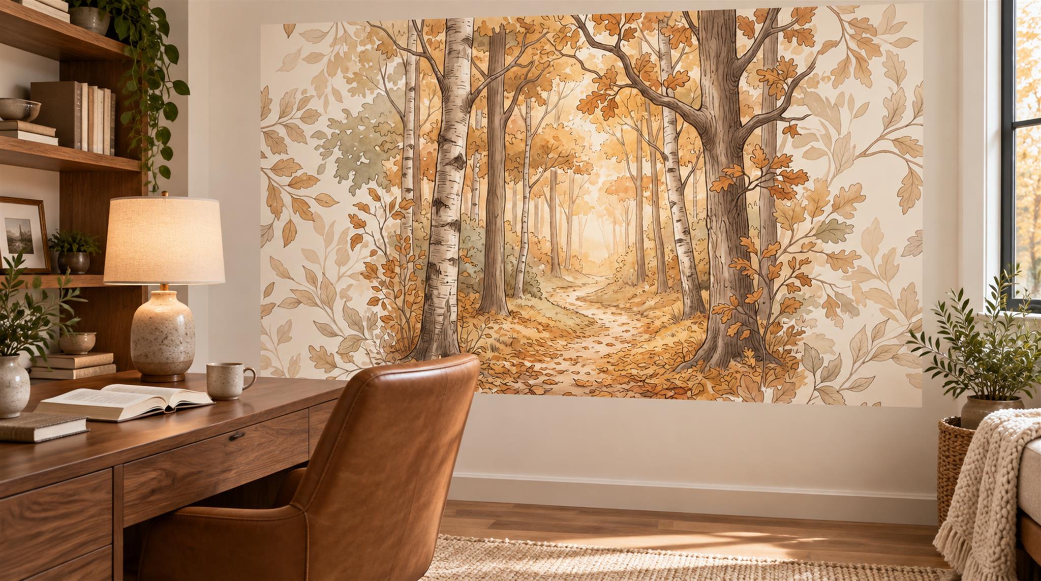 Gold And Neutral Woodland Trees Decorative Wallpaper Mural Home-office-wallpaper-murals, Shown In A Home Office, Peel-and-stick Finish