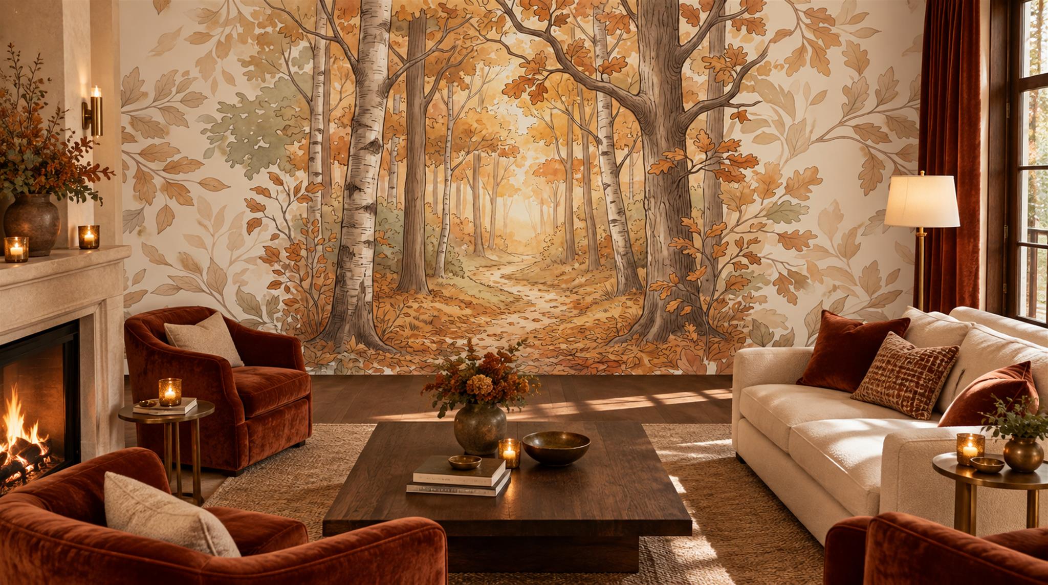 Gold And Neutral Woodland Trees Decorative Wallpaper Mural Accent-wall-wallpaper-murals, Peel-and-stick Finish