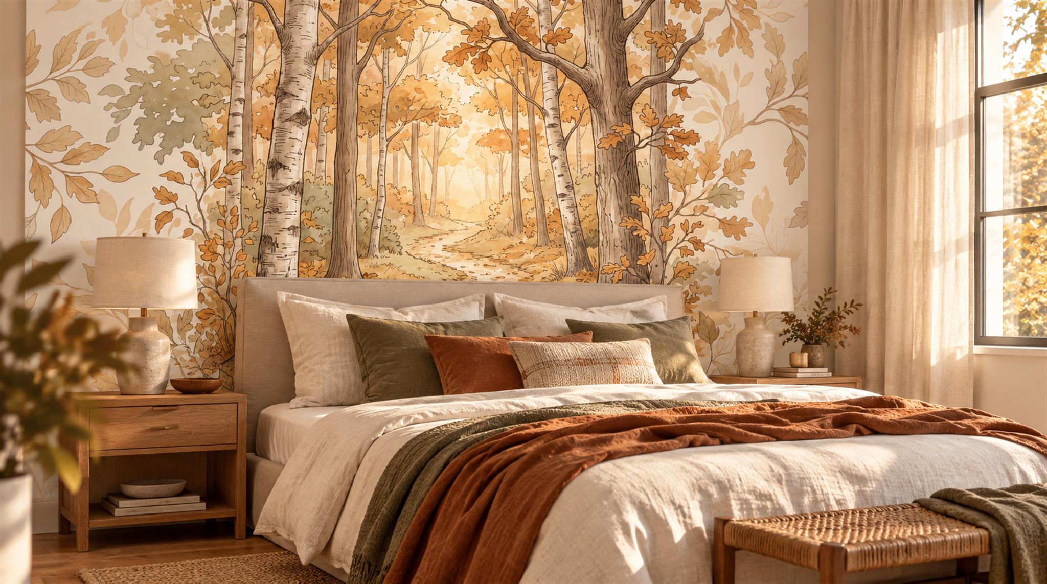 Gold And Neutral Woodland Trees Decorative Wallpaper Mural Bedroom-wallpaper-murals, Peel-and-stick Finish