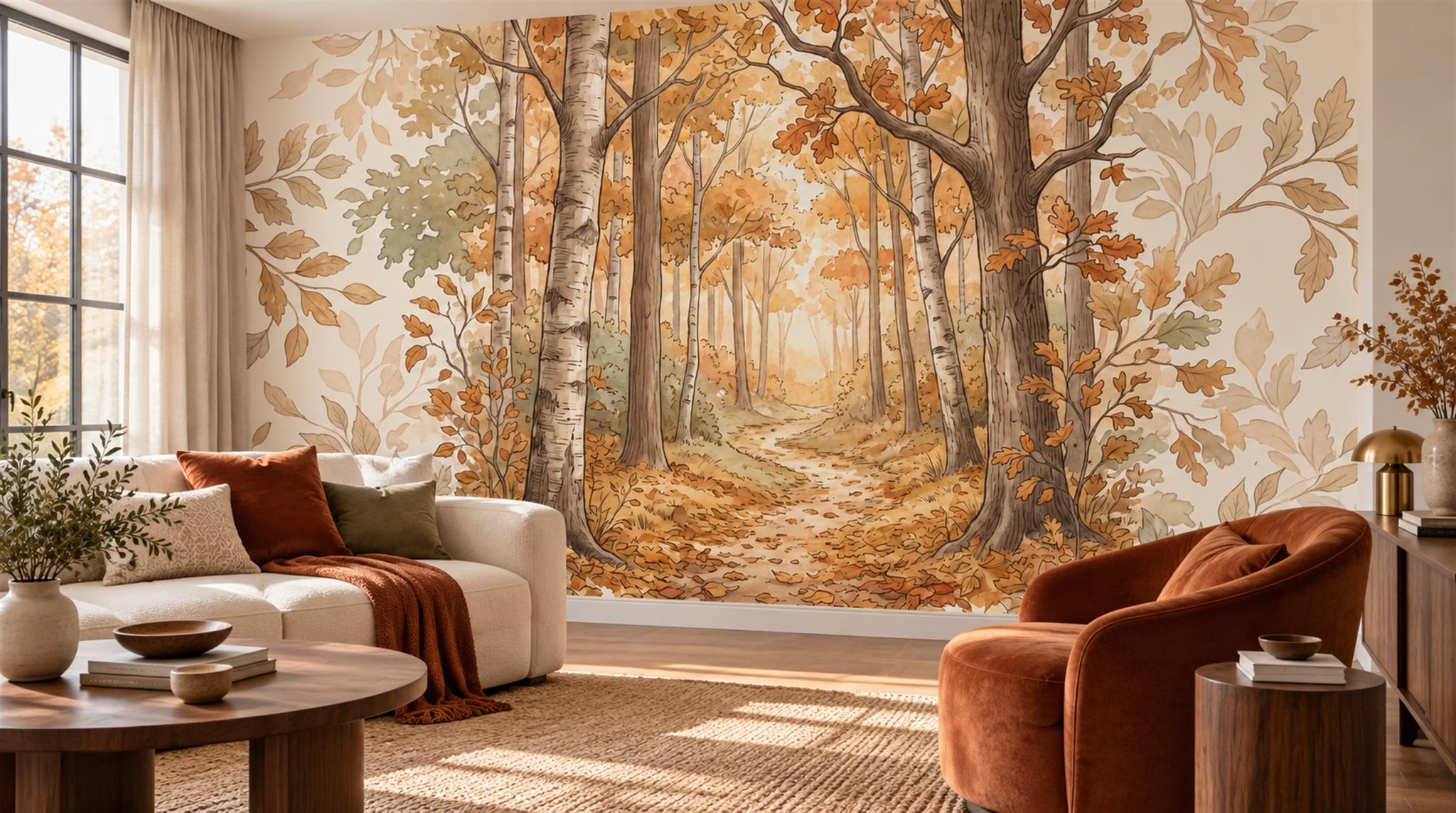 Gold And Neutral Woodland Trees Decorative Wallpaper Mural Living-room-wallpaper-murals, Shown In A Living Room, Peel-and-stick Finish