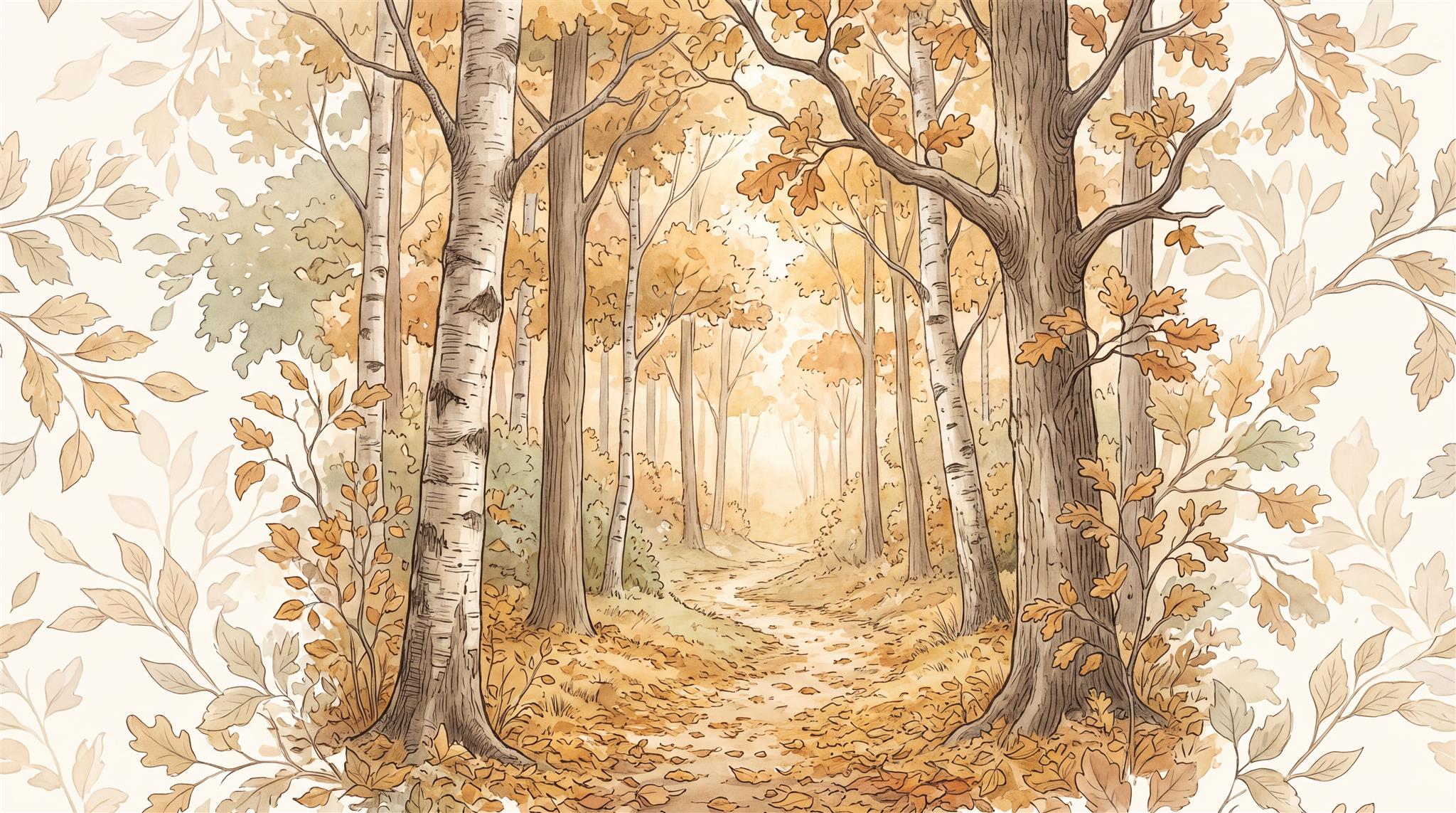 Golden Autumn Woodland Path Wallpaper Mural — Wallpaper Mural Design, Peel-and-stick Finish