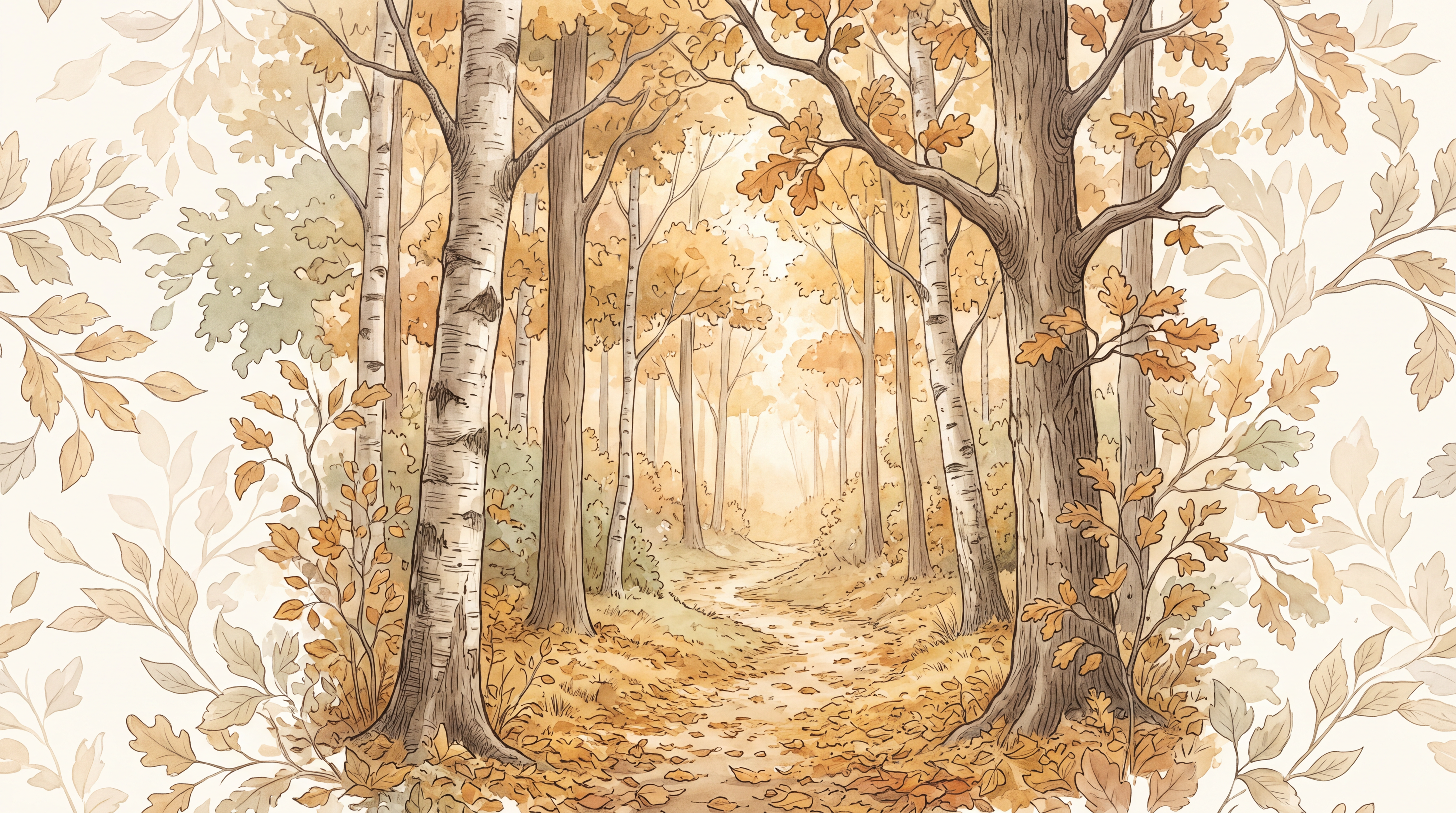 Gold And Neutral Woodland Trees Decorative Wallpaper Mural, Peel-and-stick Finish