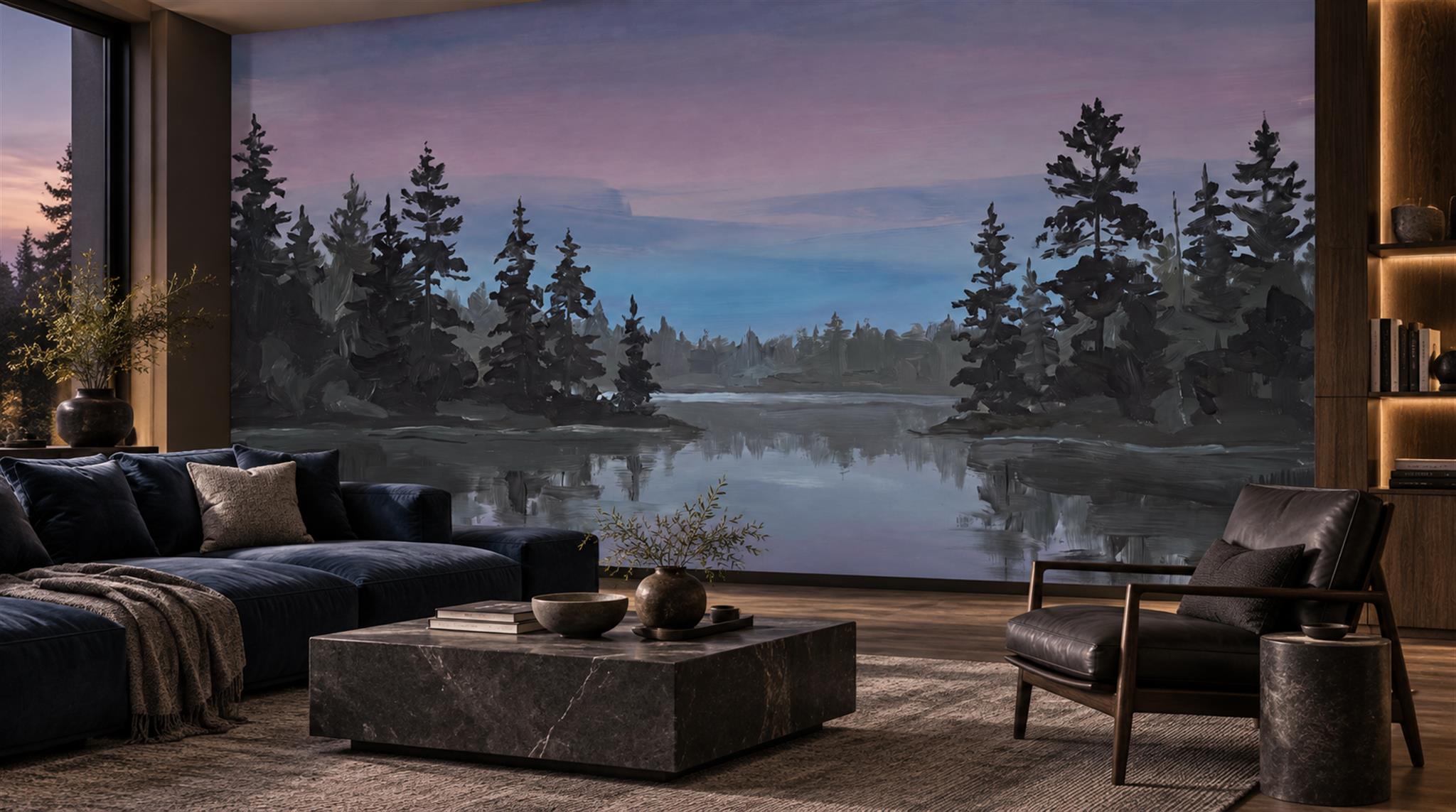 Dark Pine Forest Reflected In A Blue Lake Wallpaper Mural — Wallpaper Mural Design, Peel-and-stick Finish