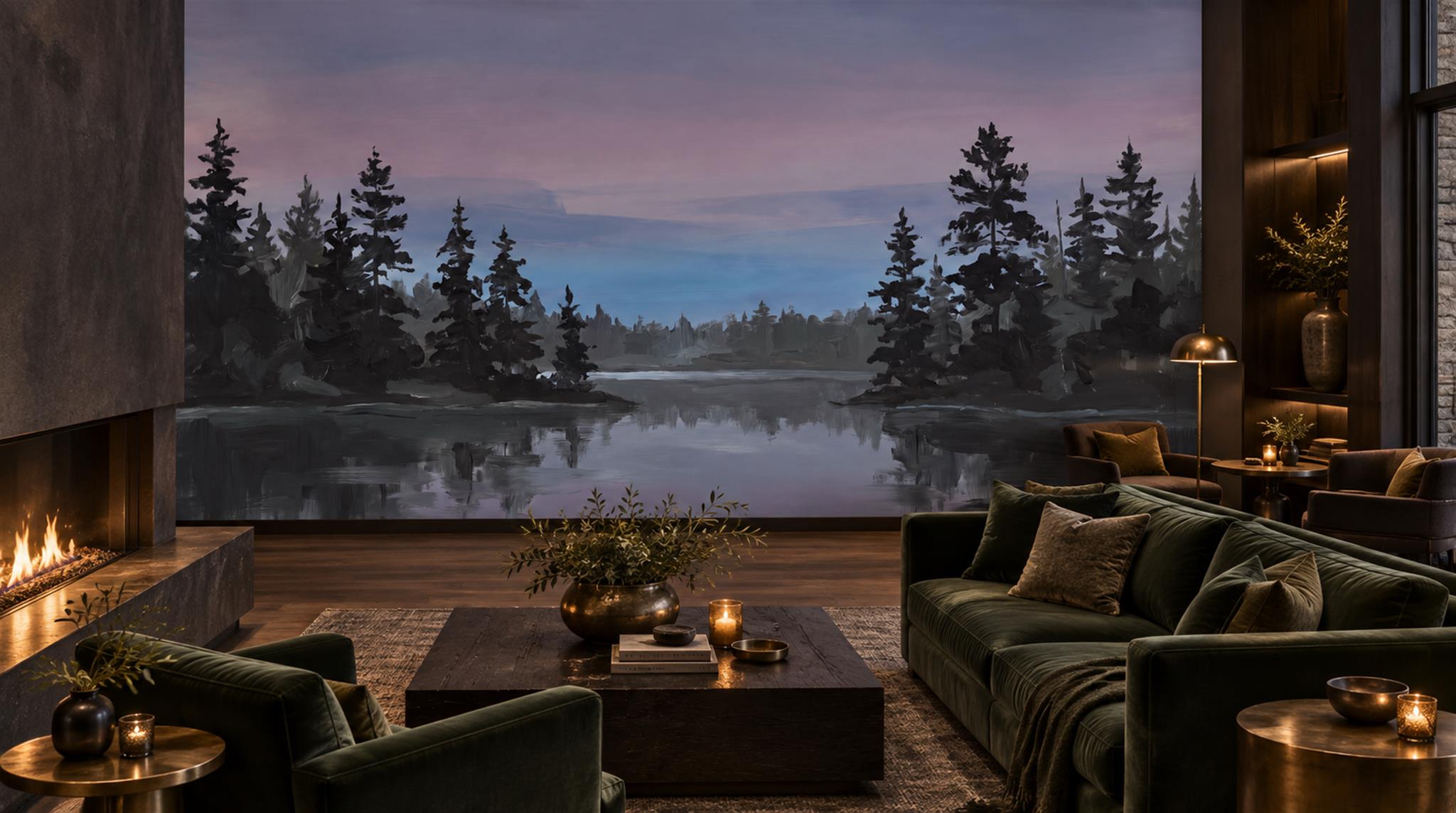 Navy And Neutral A Lakeside View Wallpaper Mural Accent-wall-wallpaper-murals, Peel-and-stick Finish