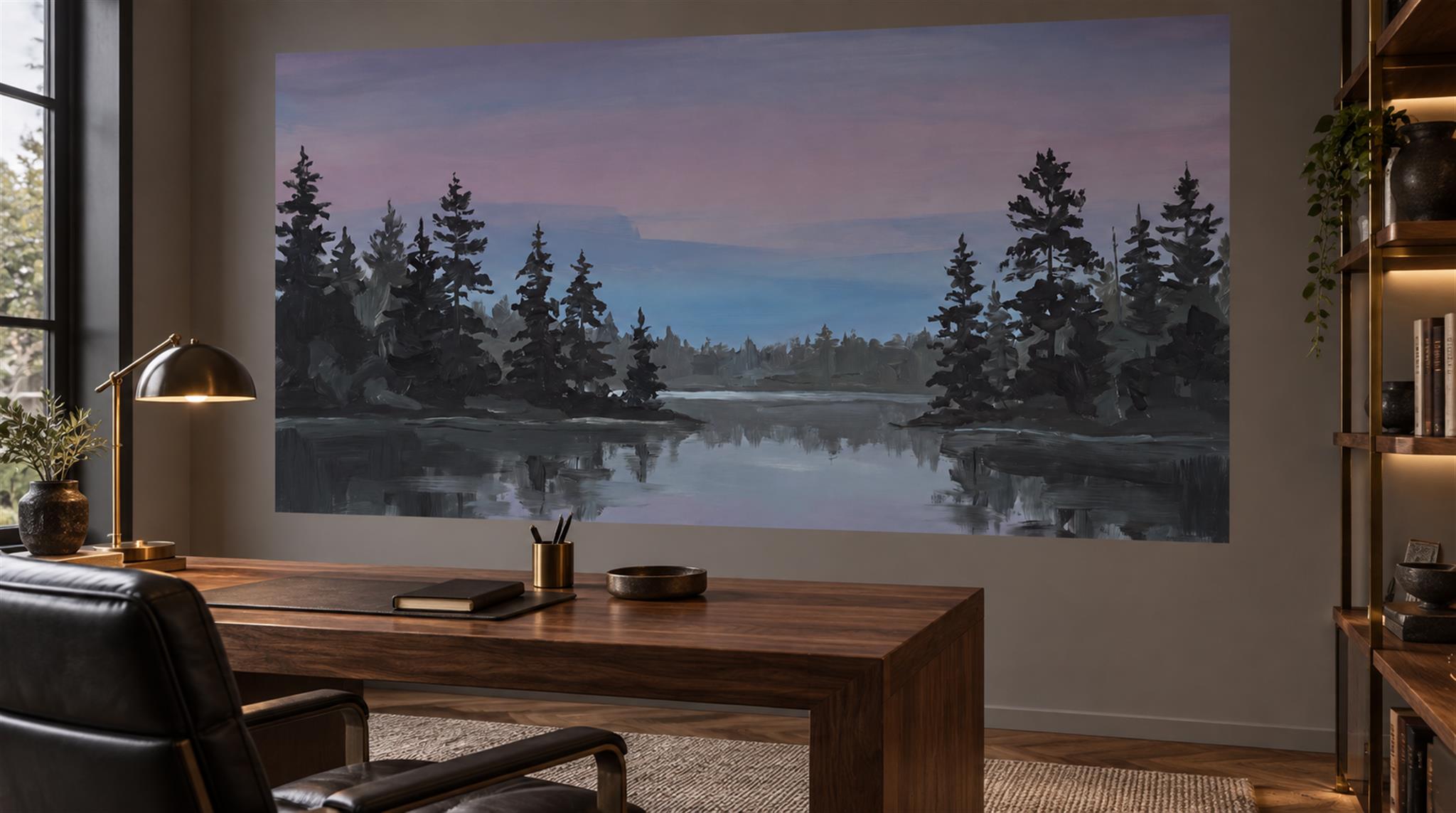 Navy And Neutral A Lakeside View Wallpaper Mural Home-office-wallpaper-murals, Shown In A Home Office, Peel-and-stick Finish