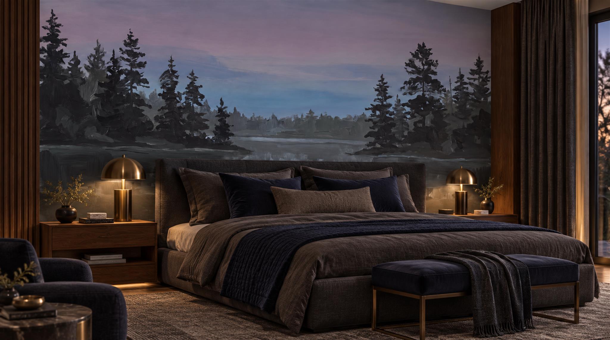 Navy And Neutral A Lakeside View Wallpaper Mural Bedroom-wallpaper-murals, Peel-and-stick Finish
