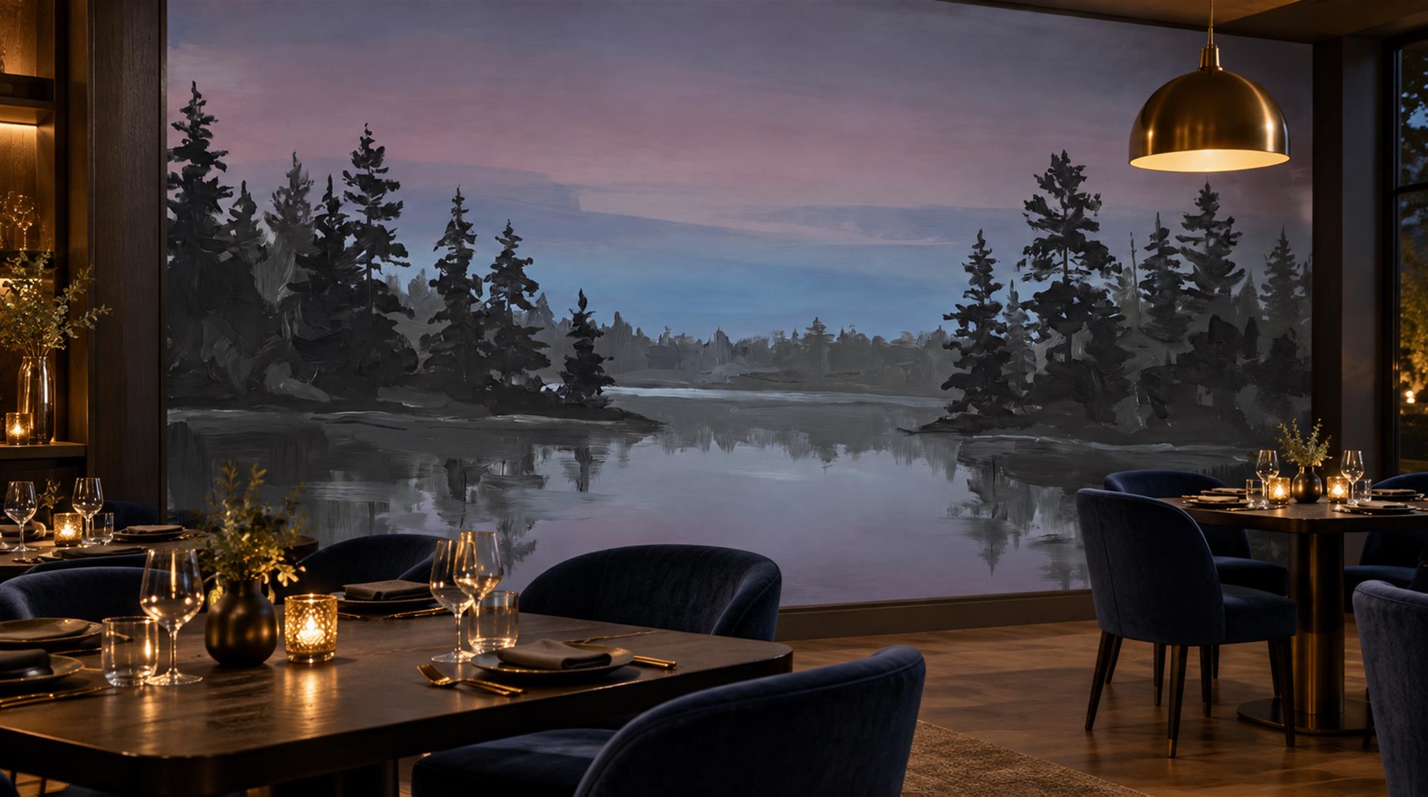 Navy And Neutral A Lakeside View Wallpaper Mural Living-room-wallpaper-murals, Peel-and-stick Finish