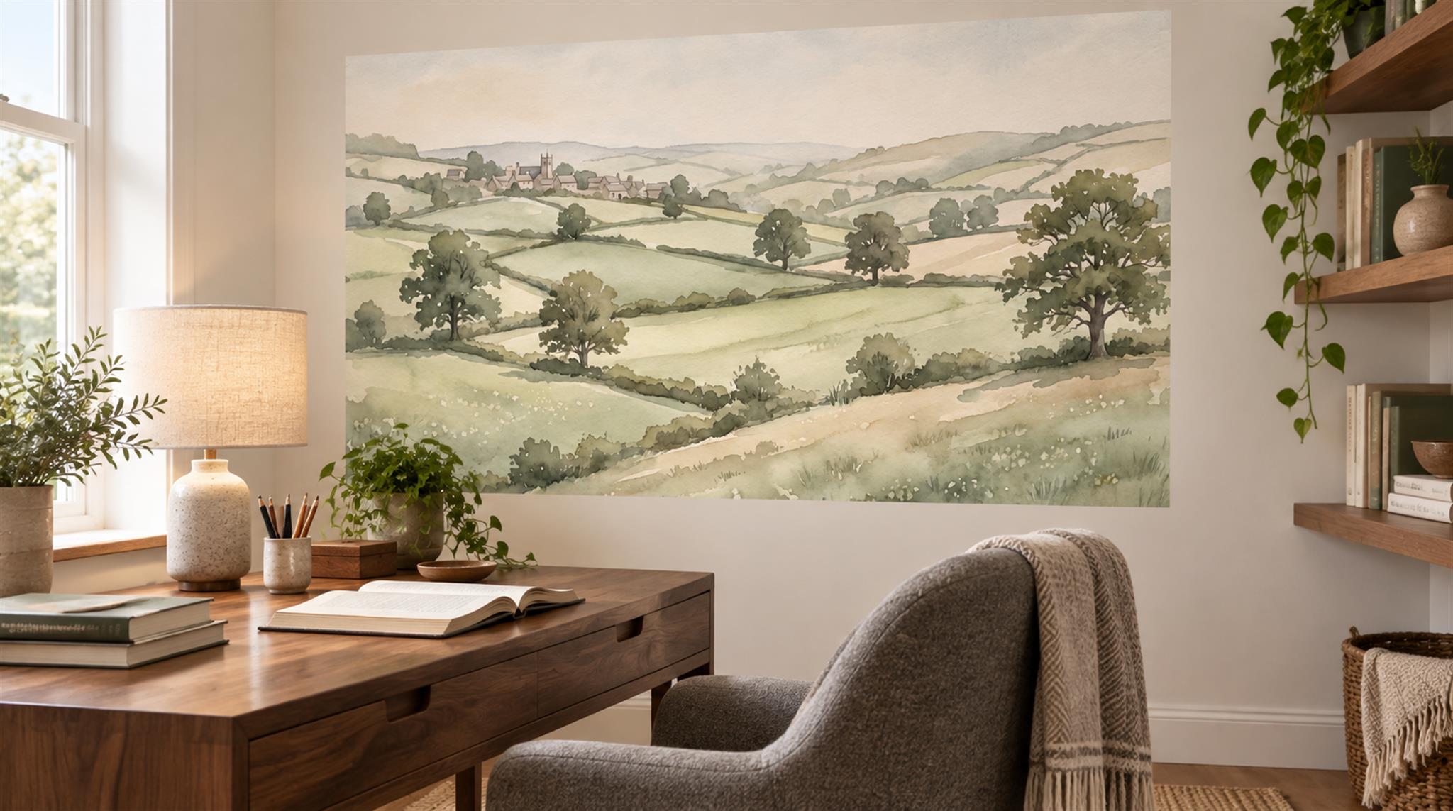 Sage Green And Neutral A Painterly Scenic Painterly Wallpaper Home-office-wallpaper-murals, Shown In A Home Office, Peel-and-stick Finish