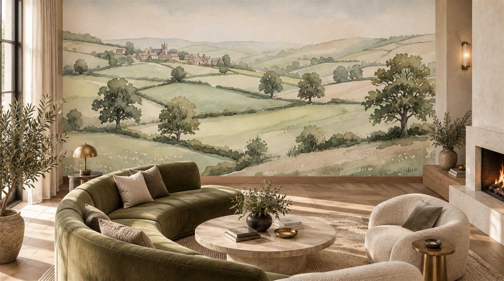 Rolling Green Fields And Distant Village Watercolour Wallpaper Mural — Wallpaper Mural Design, Peel-and-stick Finish