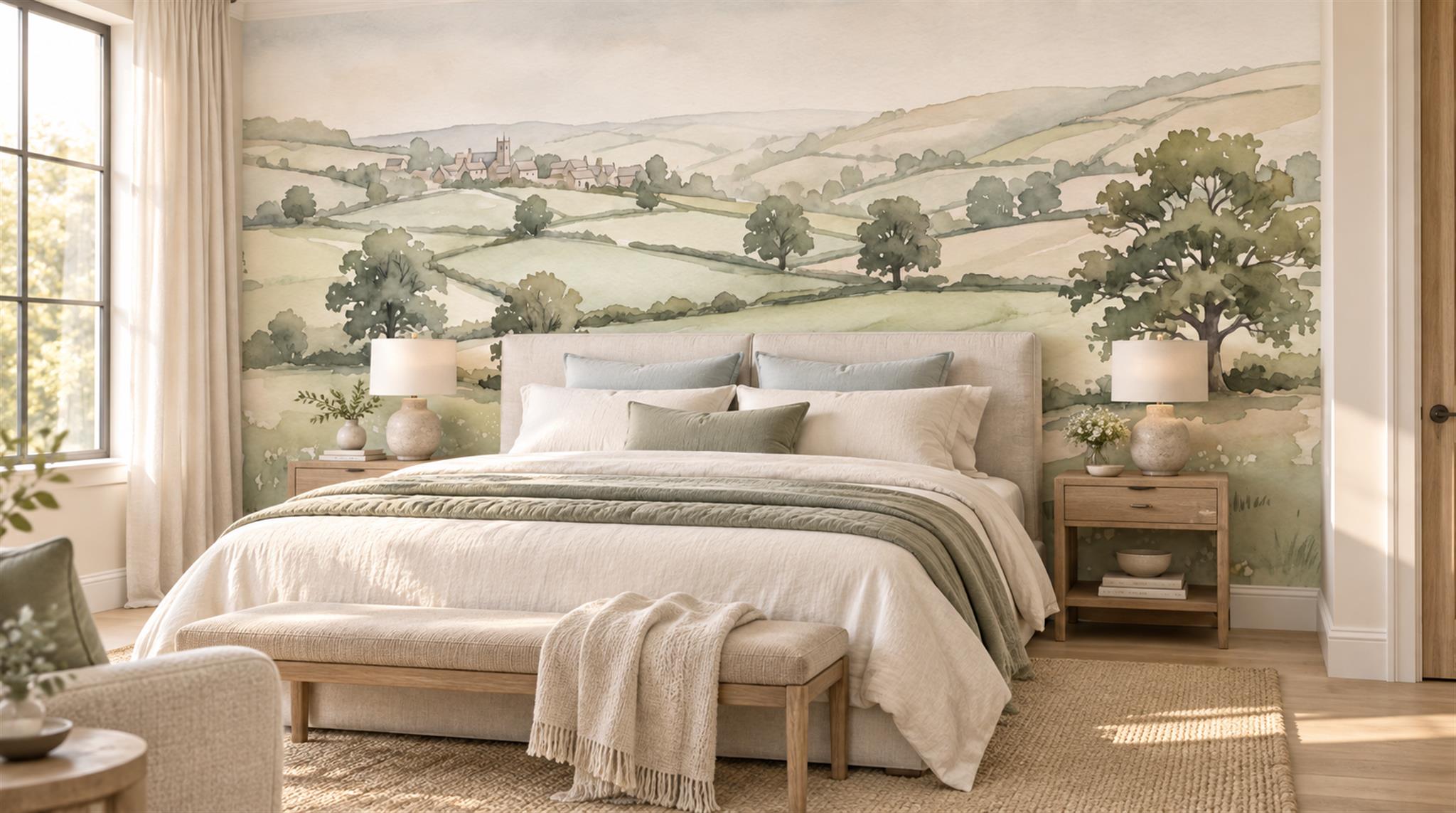 Sage Green And Neutral A Painterly Scenic Painterly Wallpaper Bedroom-wallpaper-murals, Peel-and-stick Finish