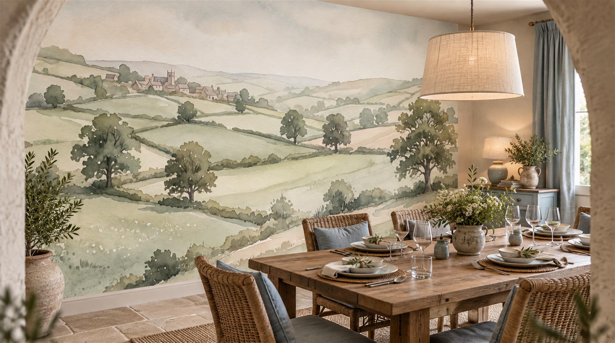 Sage Green And Neutral A Painterly Scenic Painterly Wallpaper Dining-room-wallpaper-murals, Shown In A Dining Room, Peel-and-stick Finish