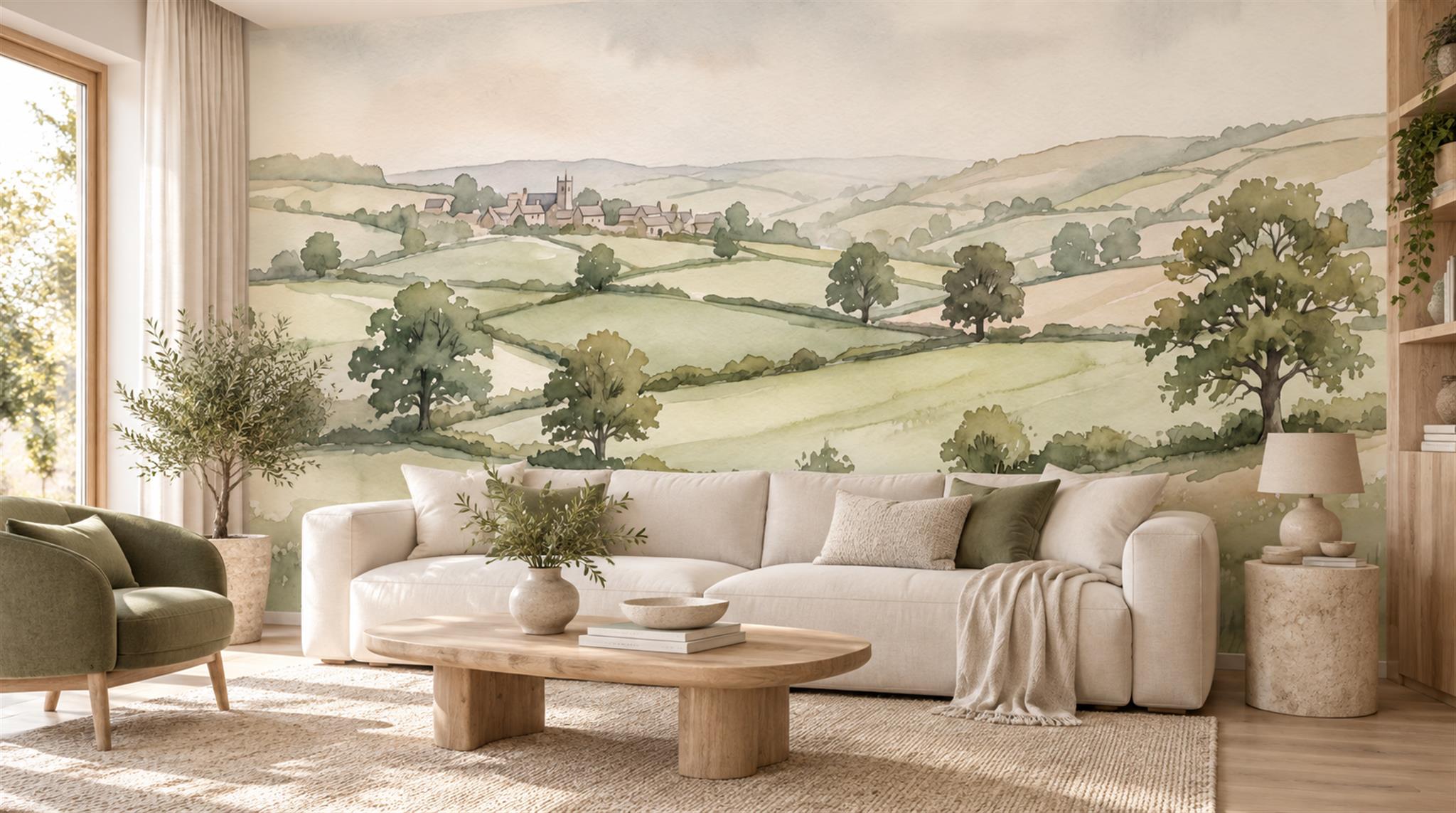 Sage Green And Neutral A Painterly Scenic Painterly Wallpaper Living-room-wallpaper-murals, Shown In A Living Room, Peel-and-stick Finish