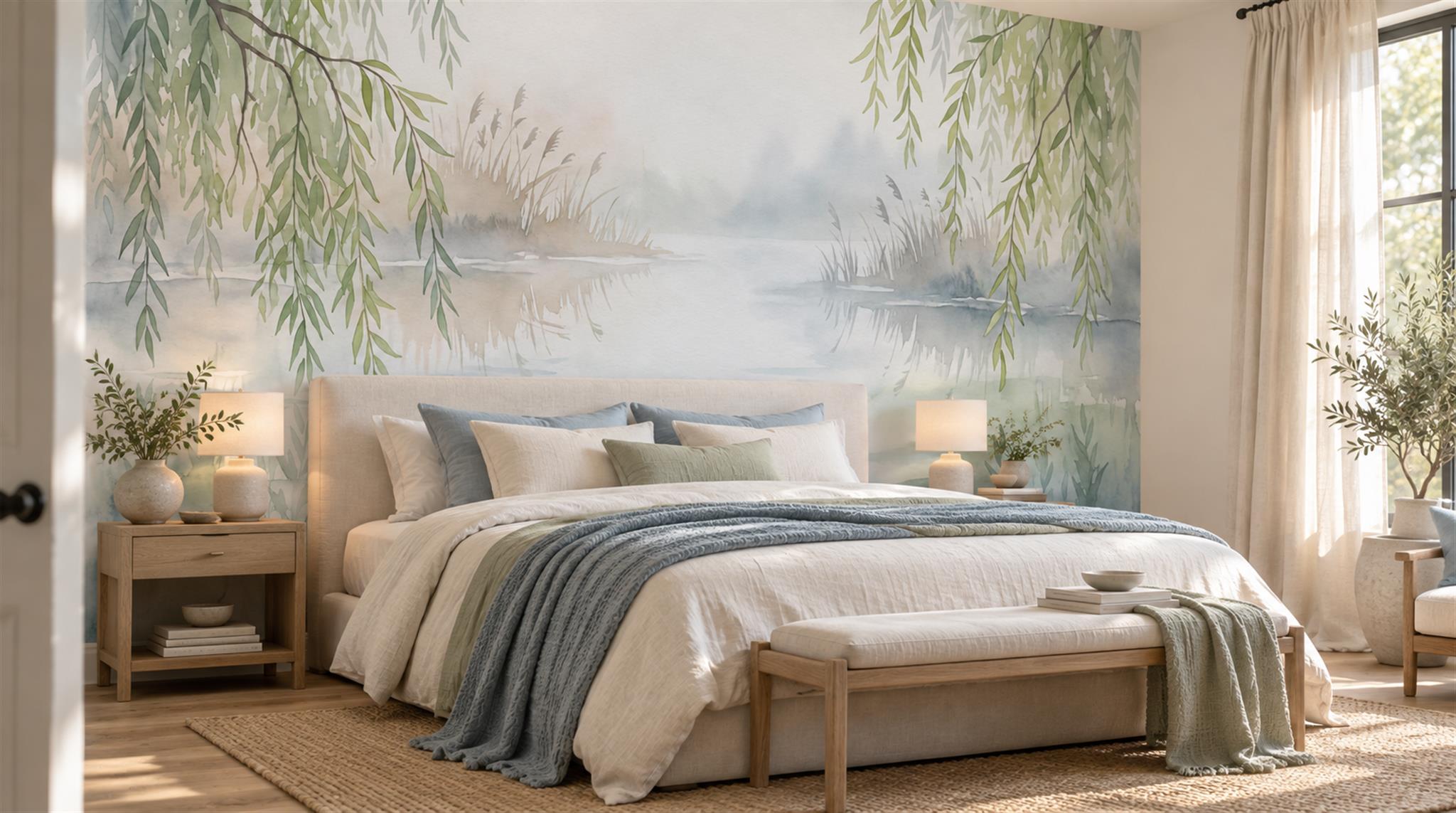 Ivory And Neutral Decorative Patterning Willow Wallpaper Mural Bedroom-wallpaper-murals, Peel-and-stick Finish