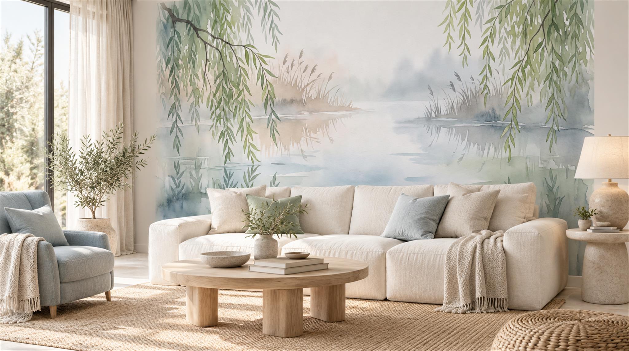 Misty Willow Lake Landscape Wallpaper Mural — Wallpaper Mural Design, Peel-and-stick Finish