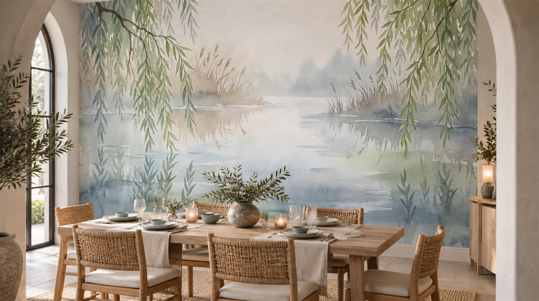 Ivory And Neutral Decorative Patterning Willow Wallpaper Mural Dining-room-wallpaper-murals, Shown In A Dining Room, Peel-and-stick Finish