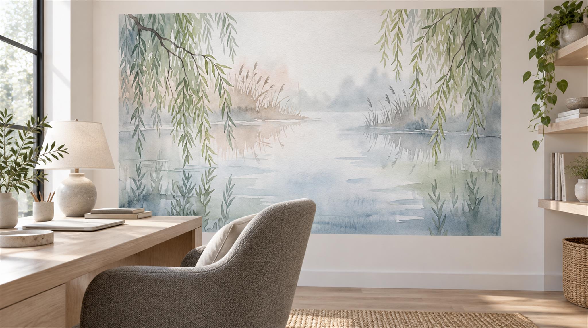 Ivory And Neutral Decorative Patterning Willow Wallpaper Mural Home-office-wallpaper-murals, Shown In A Home Office, Peel-and-stick Finish