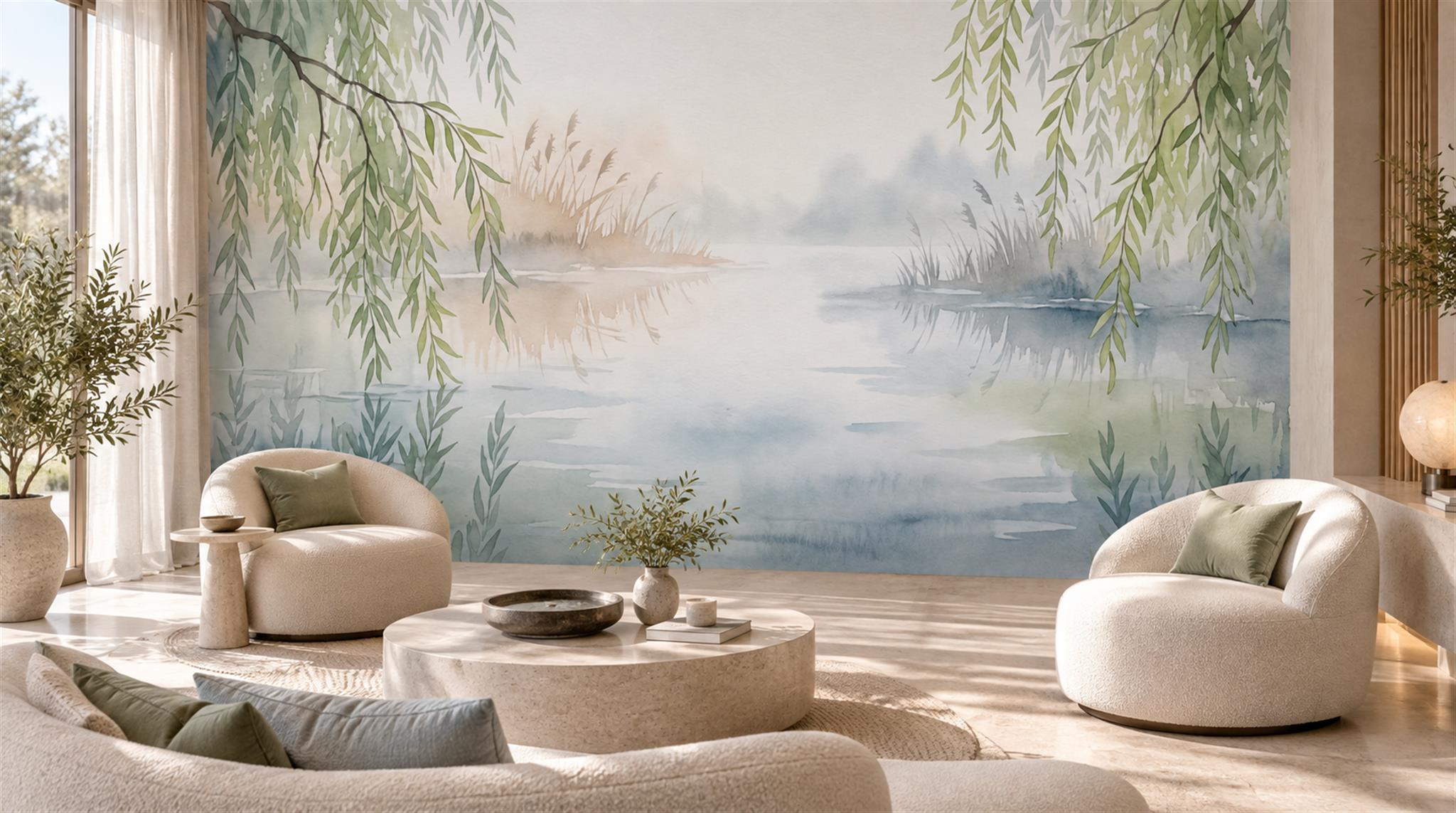 Ivory And Neutral Decorative Patterning Willow Wallpaper Mural Living-room-wallpaper-murals, Peel-and-stick Finish