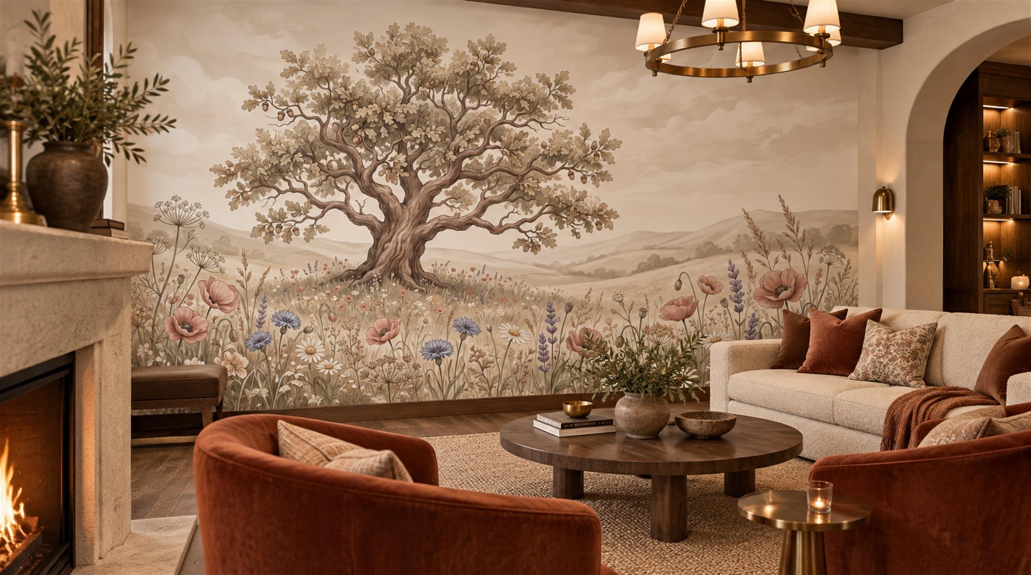 Ivory And Tan Abstract Forms Decorative Wallpaper Mural Feature-wall-wallpaper-murals, Peel-and-stick Finish