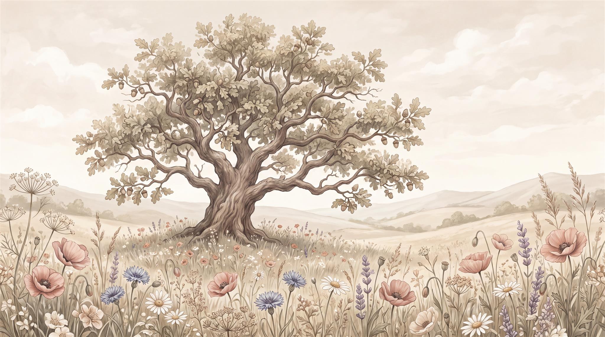 Oak Tree And Wildflower Meadow Wallpaper Mural — Wallpaper Mural Design, Peel-and-stick Finish
