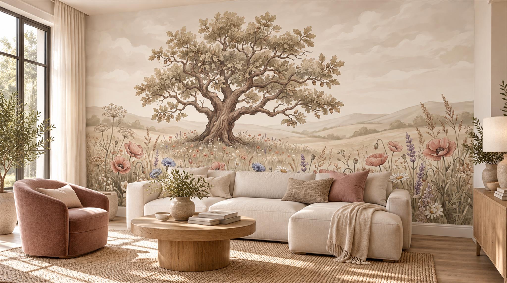 Ivory And Tan Abstract Forms Decorative Wallpaper Mural Accent-wall-wallpaper-murals, Peel-and-stick Finish