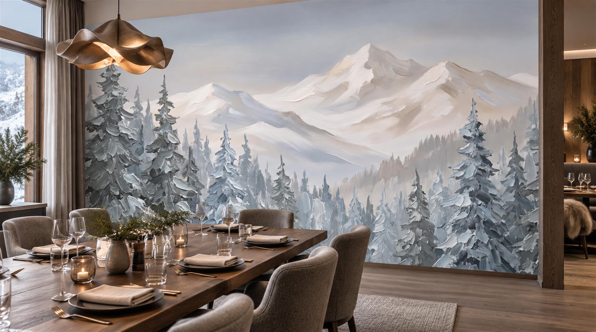 Blue And Neutral Abstract Forms Atmospheric Wallpaper Mural Dining-room-wallpaper-murals, Shown In A Dining Room, Peel-and-stick Finish