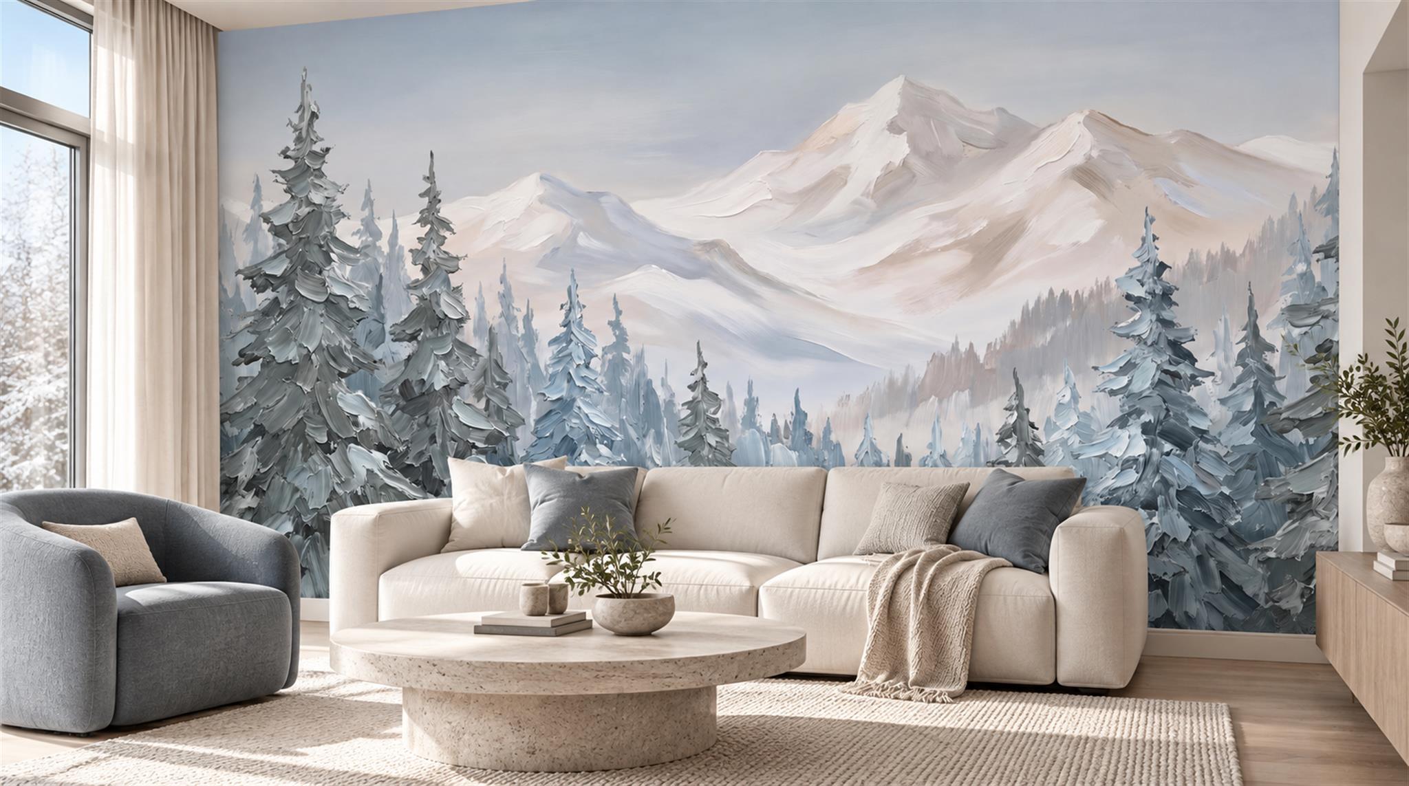 Blue And Neutral Abstract Forms Atmospheric Wallpaper Mural Living-room-wallpaper-murals, Shown In A Living Room, Peel-and-stick Finish