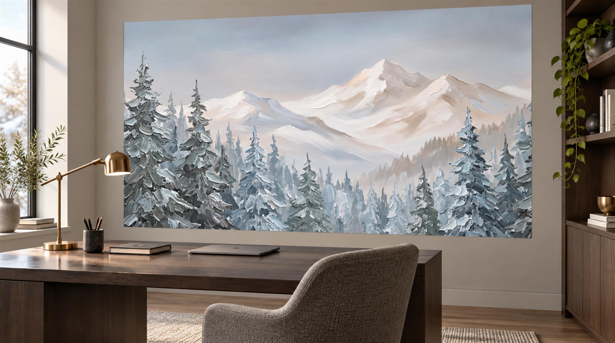 Blue And Neutral Abstract Forms Atmospheric Wallpaper Mural Home-office-wallpaper-murals, Shown In A Home Office, Peel-and-stick Finish