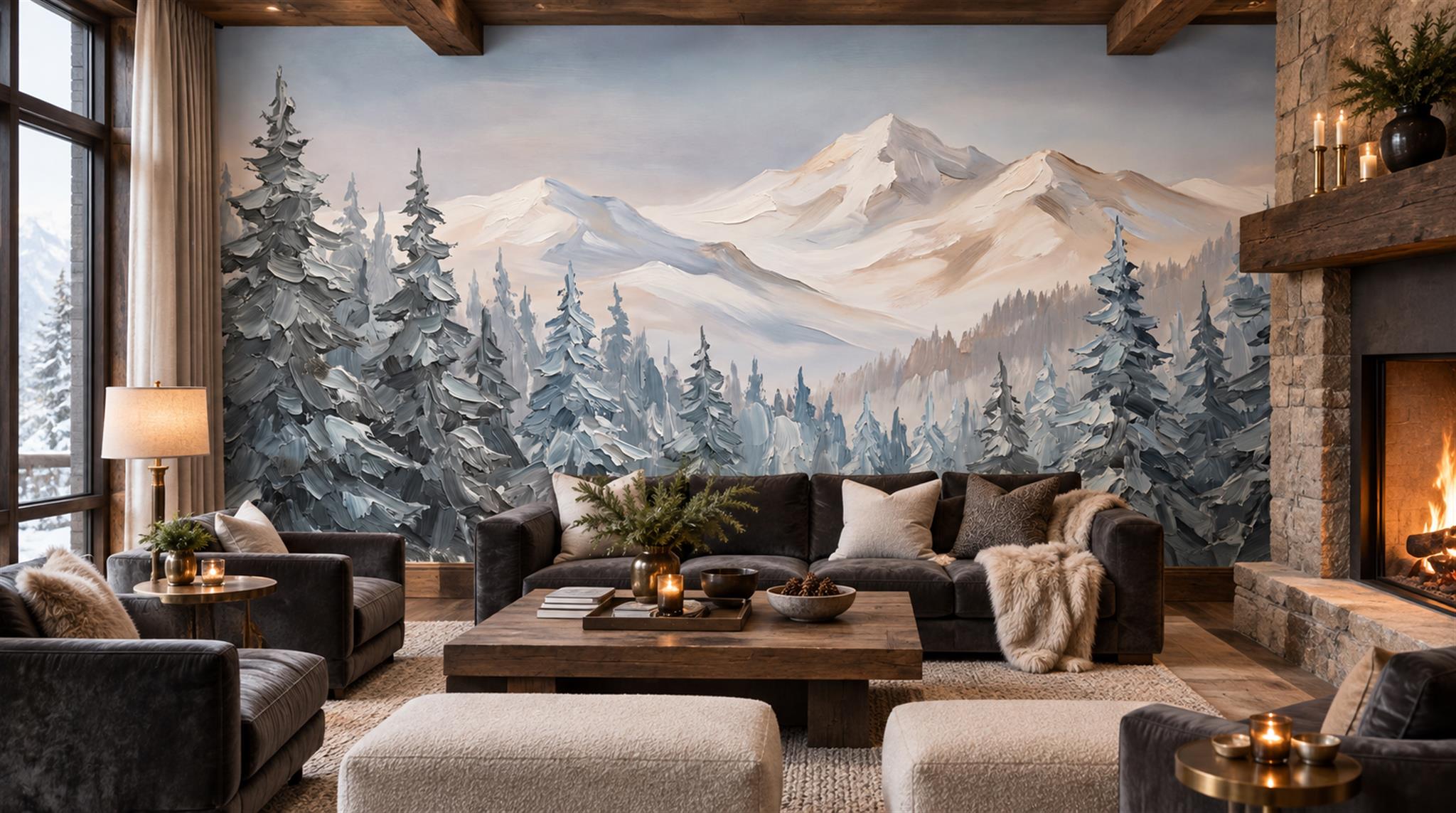 Snowy Mountain Peaks And Evergreen Forest Wallpaper Mural — Wallpaper Mural Design, Peel-and-stick Finish