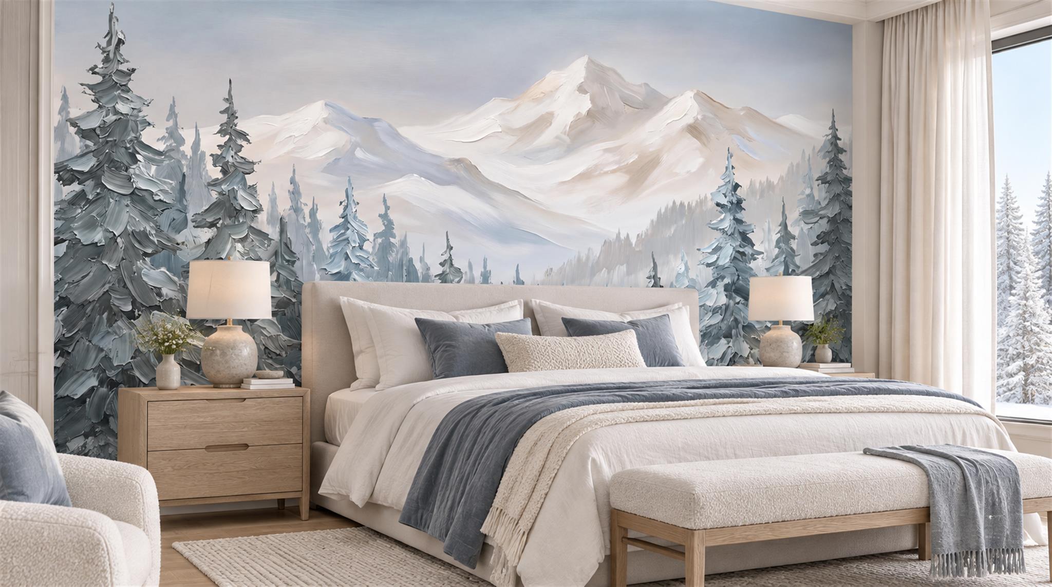 Blue And Neutral Abstract Forms Atmospheric Wallpaper Mural Accent-wall-wallpaper-murals, Peel-and-stick Finish