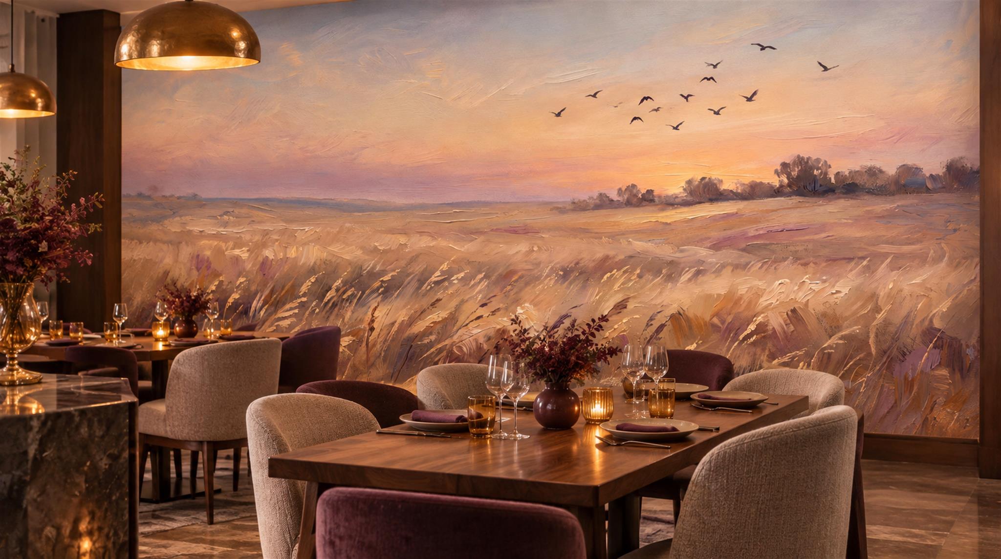 Gold And Neutral Abstract Forms Painterly Wallpaper Mural Dining-room-wallpaper-murals, Shown In A Dining Room, Peel-and-stick Finish