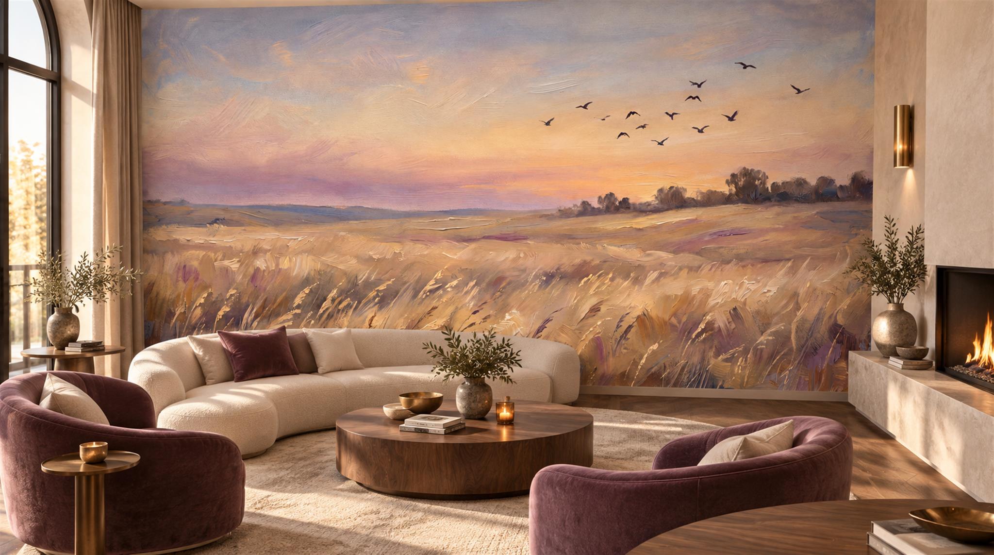 Gold And Neutral Abstract Forms Painterly Wallpaper Mural Accent-wall-wallpaper-murals, Peel-and-stick Finish