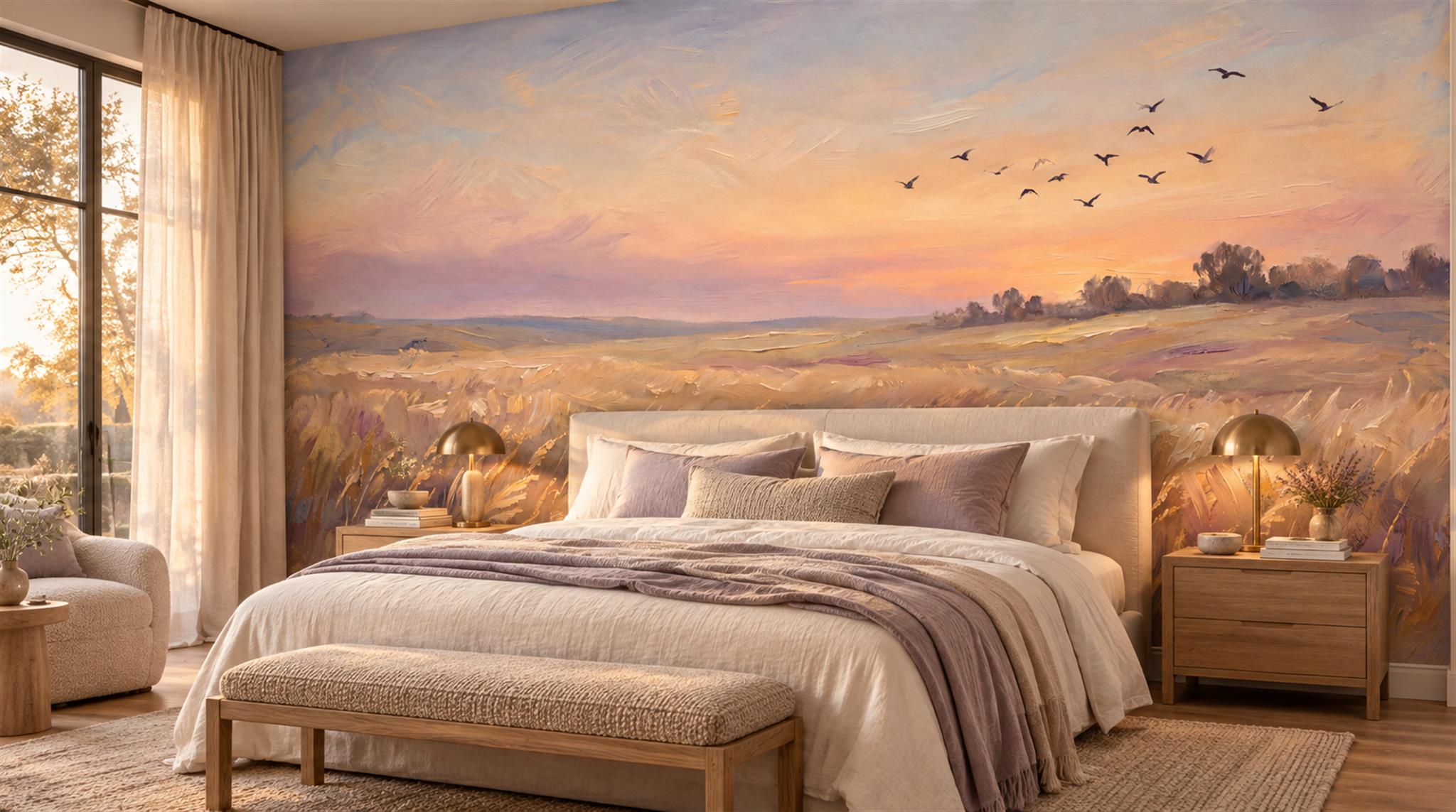 Golden Meadow At Sunset With Flying Birds Wallpaper Mural — Installed Wallpaper Mural In A Bedroom, Peel-and-stick Finish