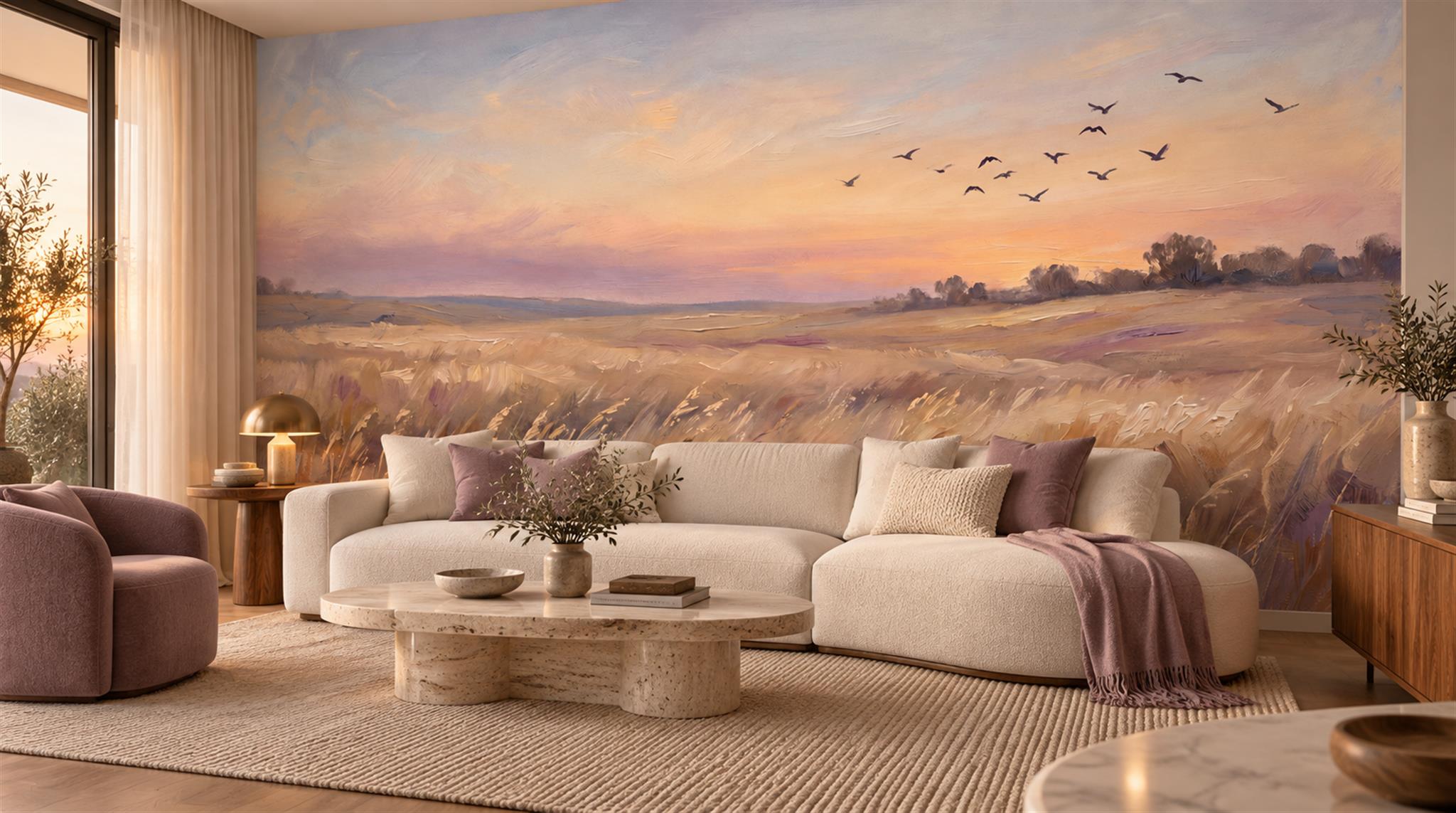 Gold And Neutral Abstract Forms Painterly Wallpaper Mural Living-room-wallpaper-murals, Shown In A Living Room, Peel-and-stick Finish