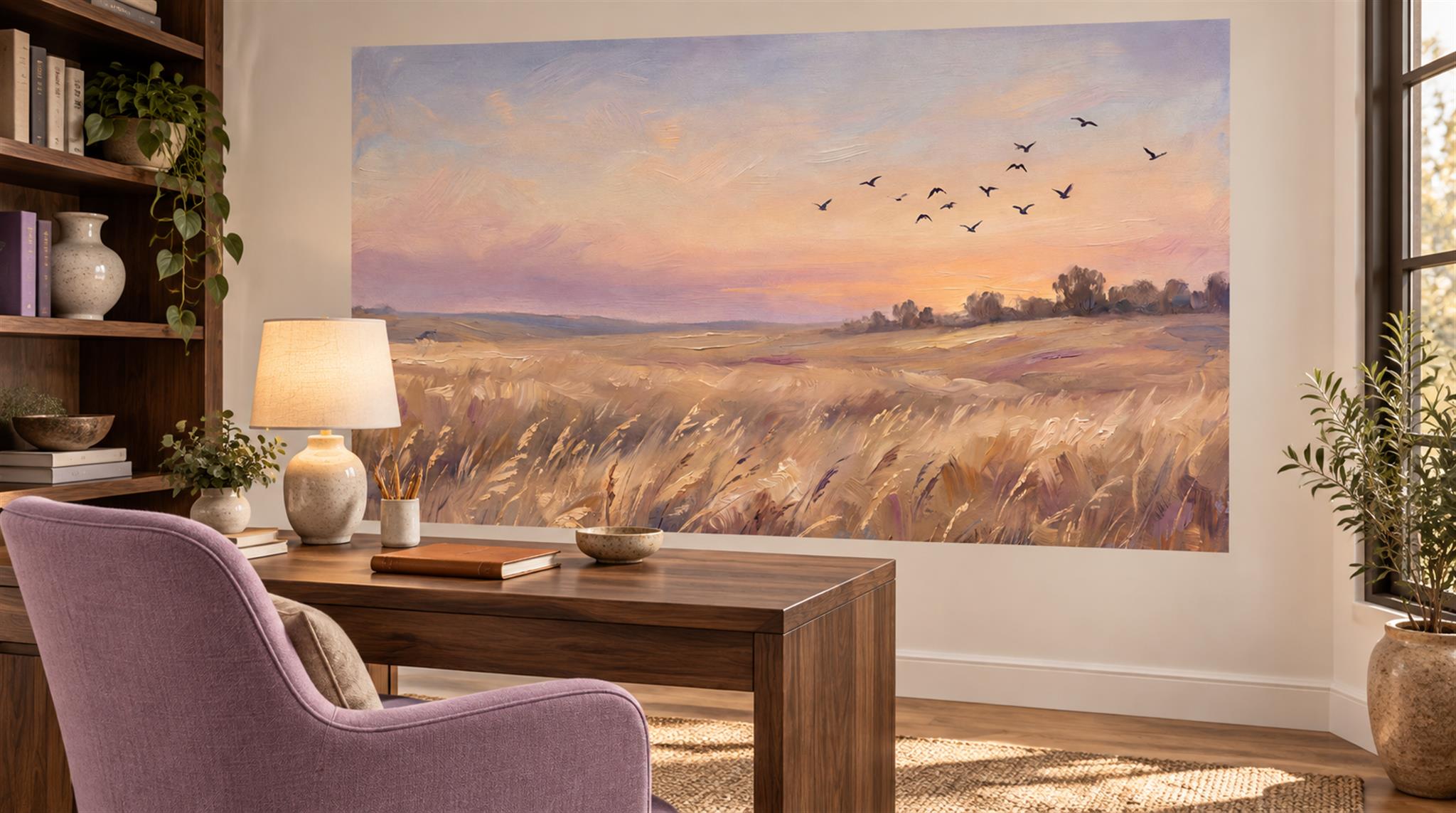 Gold And Neutral Abstract Forms Painterly Wallpaper Mural Home-office-wallpaper-murals, Shown In A Home Office, Peel-and-stick Finish