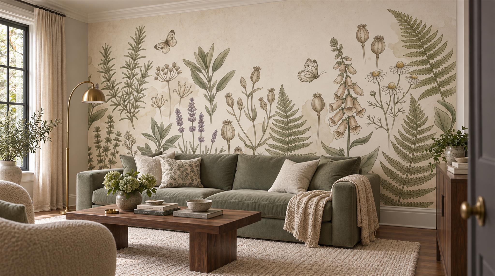 The same ivory botanical artwork shown as a mural behind a sofa in a living room