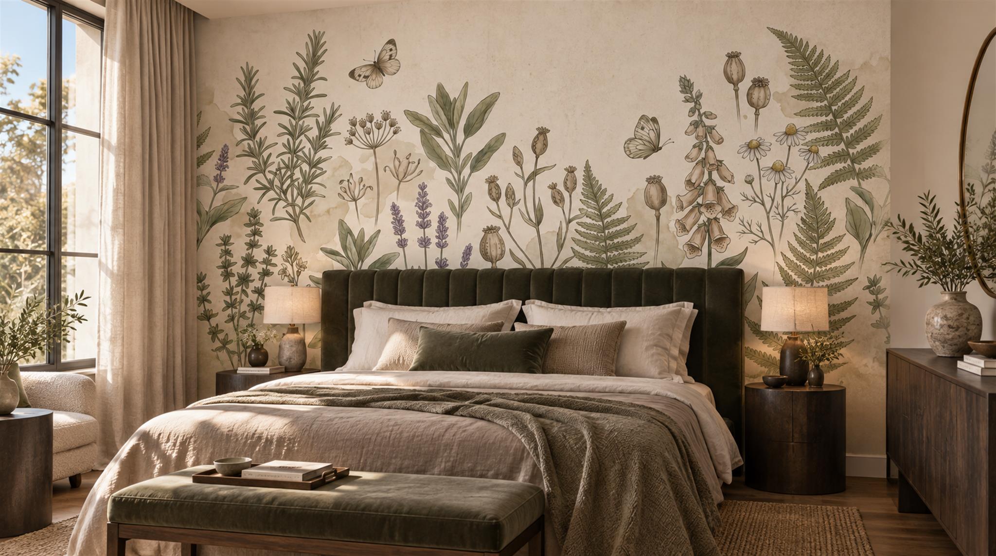 Ivory And Neutral Floral Forms Textured Wallpaper Mural Accent-wall-wallpaper-murals, Peel-and-stick Finish