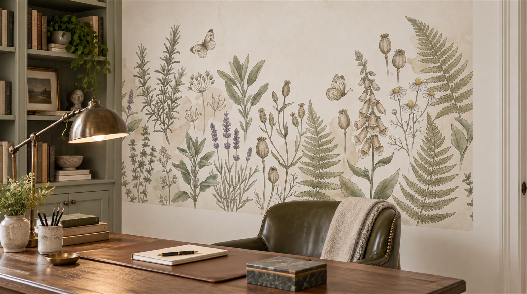 Ivory And Neutral Floral Forms Textured Wallpaper Mural Home-office-wallpaper-murals, Shown In A Home Office, Peel-and-stick Finish