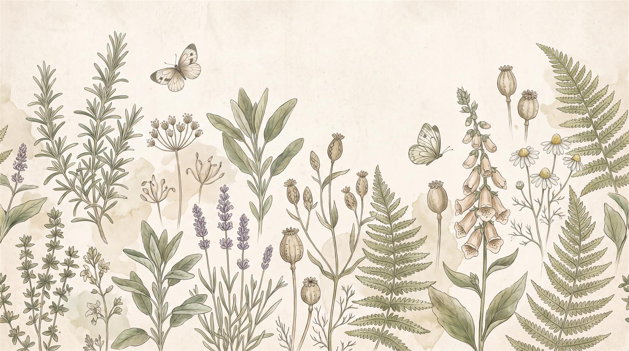 Ivory Meadow Herbs And Butterflies Wallpaper Mural — Wallpaper Mural Design, Peel-and-stick Finish