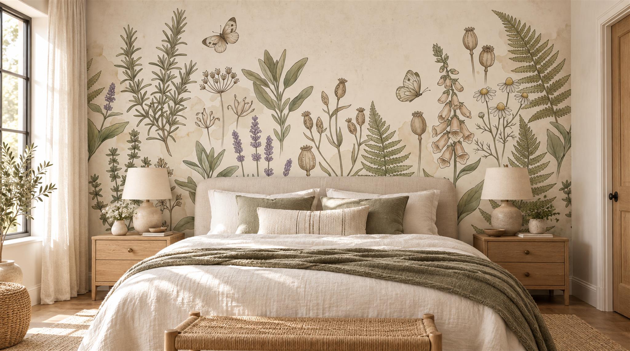 Ivory And Neutral Floral Forms Textured Wallpaper Mural Bedroom-wallpaper-murals, Peel-and-stick Finish
