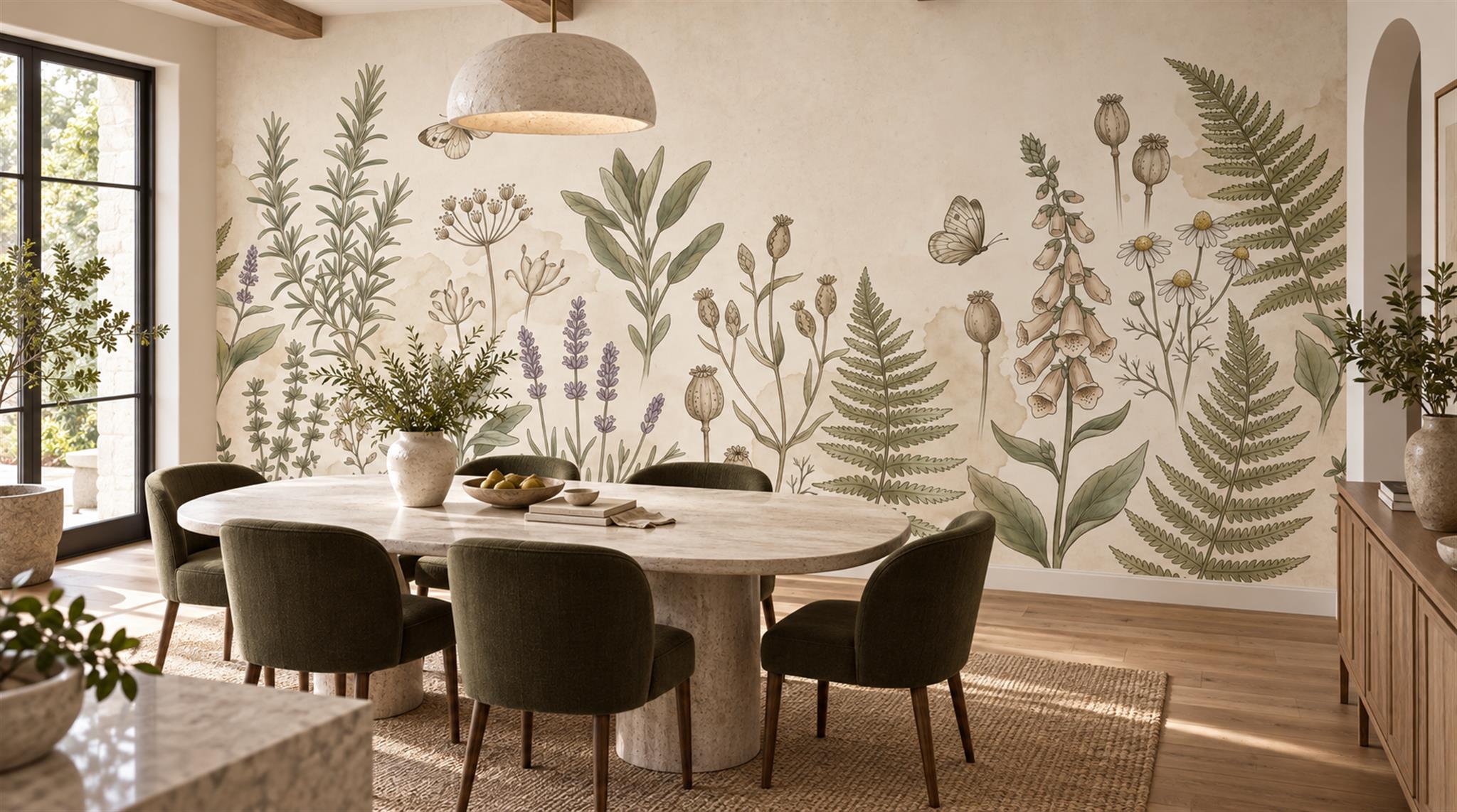 Ivory And Neutral Floral Forms Textured Wallpaper Mural Dining-room-wallpaper-murals, Shown In A Dining Room, Peel-and-stick Finish