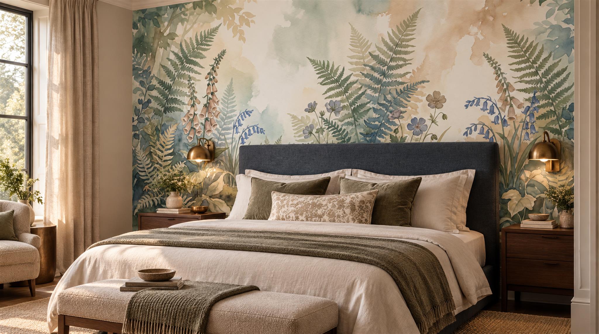 Ivory And Neutral Fern Foliage Decorative Wallpaper Mural Feature-wall-wallpaper-murals, Peel-and-stick Finish