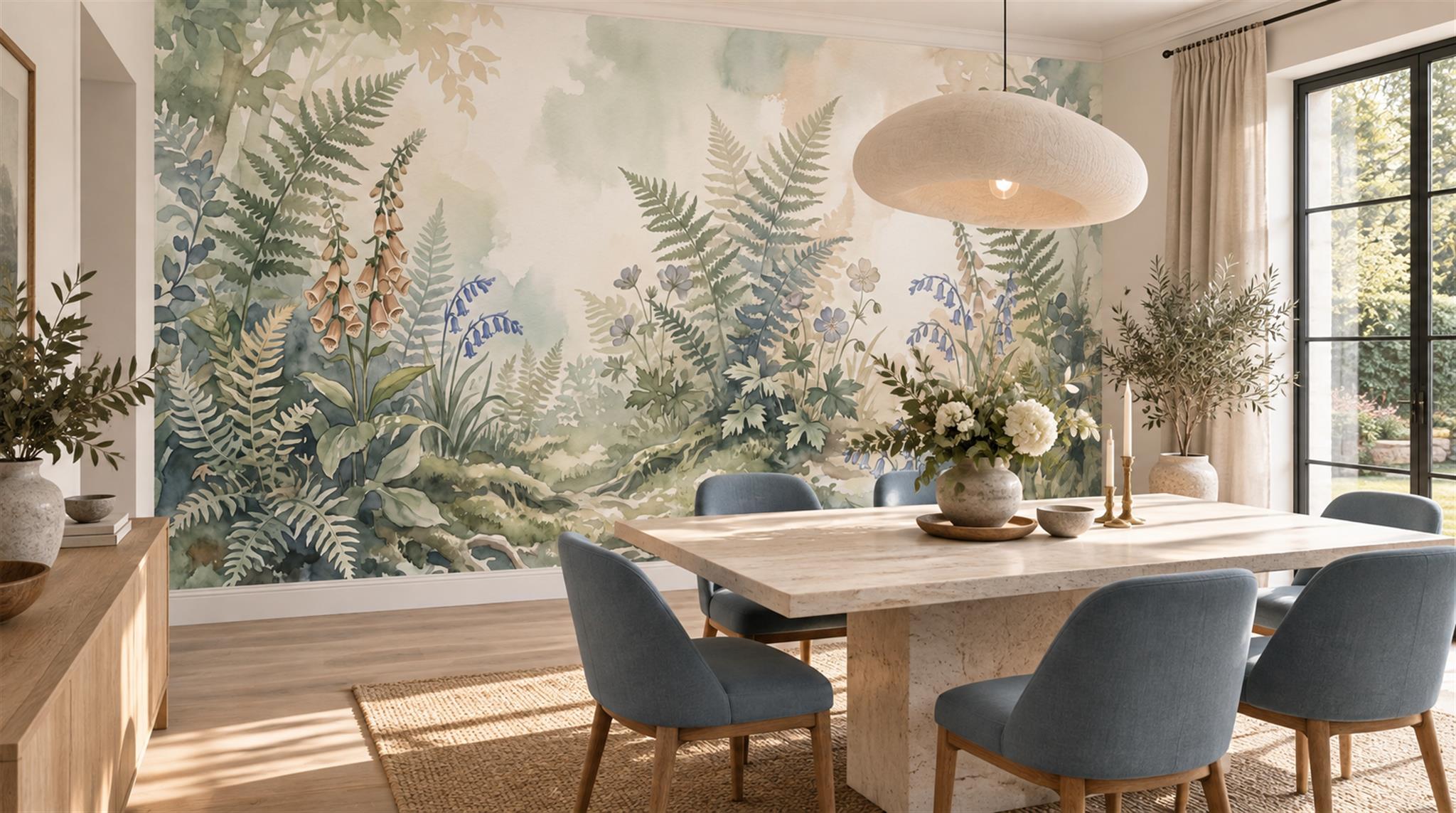 Ivory And Neutral Fern Foliage Decorative Wallpaper Mural Dining-room-wallpaper-murals, Shown In A Dining Room, Peel-and-stick Finish
