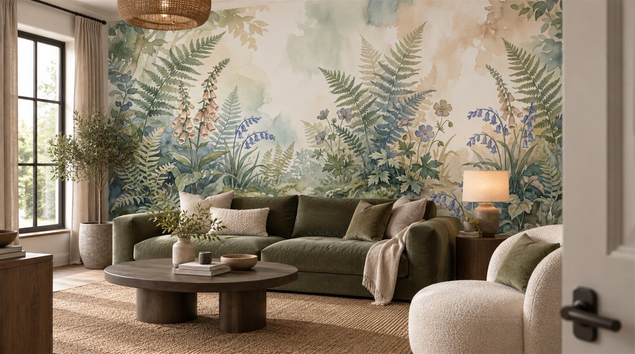 Ivory And Neutral Fern Foliage Decorative Wallpaper Mural Living-room-wallpaper-murals, Shown In A Living Room, Peel-and-stick Finish