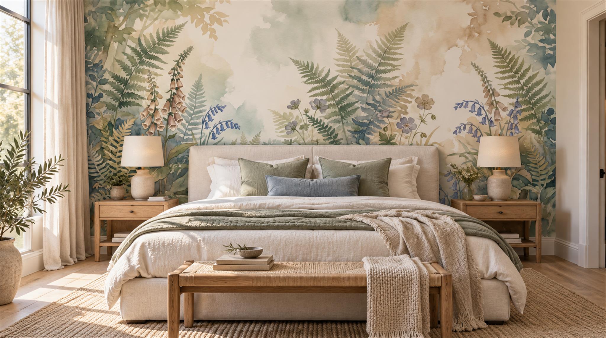 Ivory And Neutral Fern Foliage Decorative Wallpaper Mural Bedroom-wallpaper-murals, Peel-and-stick Finish