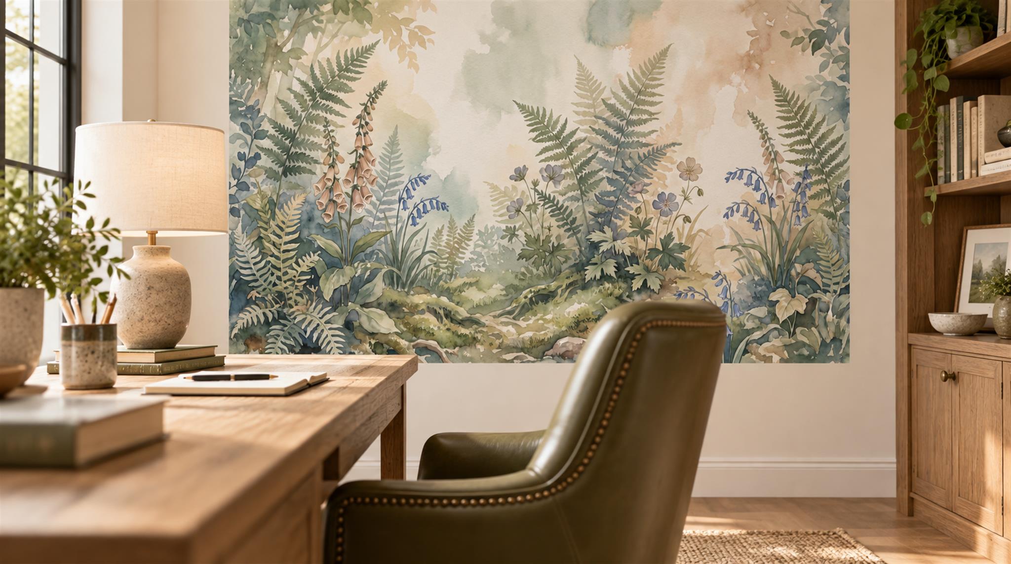 Ivory And Neutral Fern Foliage Decorative Wallpaper Mural Office-wallpaper-murals, Shown In A Home Office, Peel-and-stick Finish